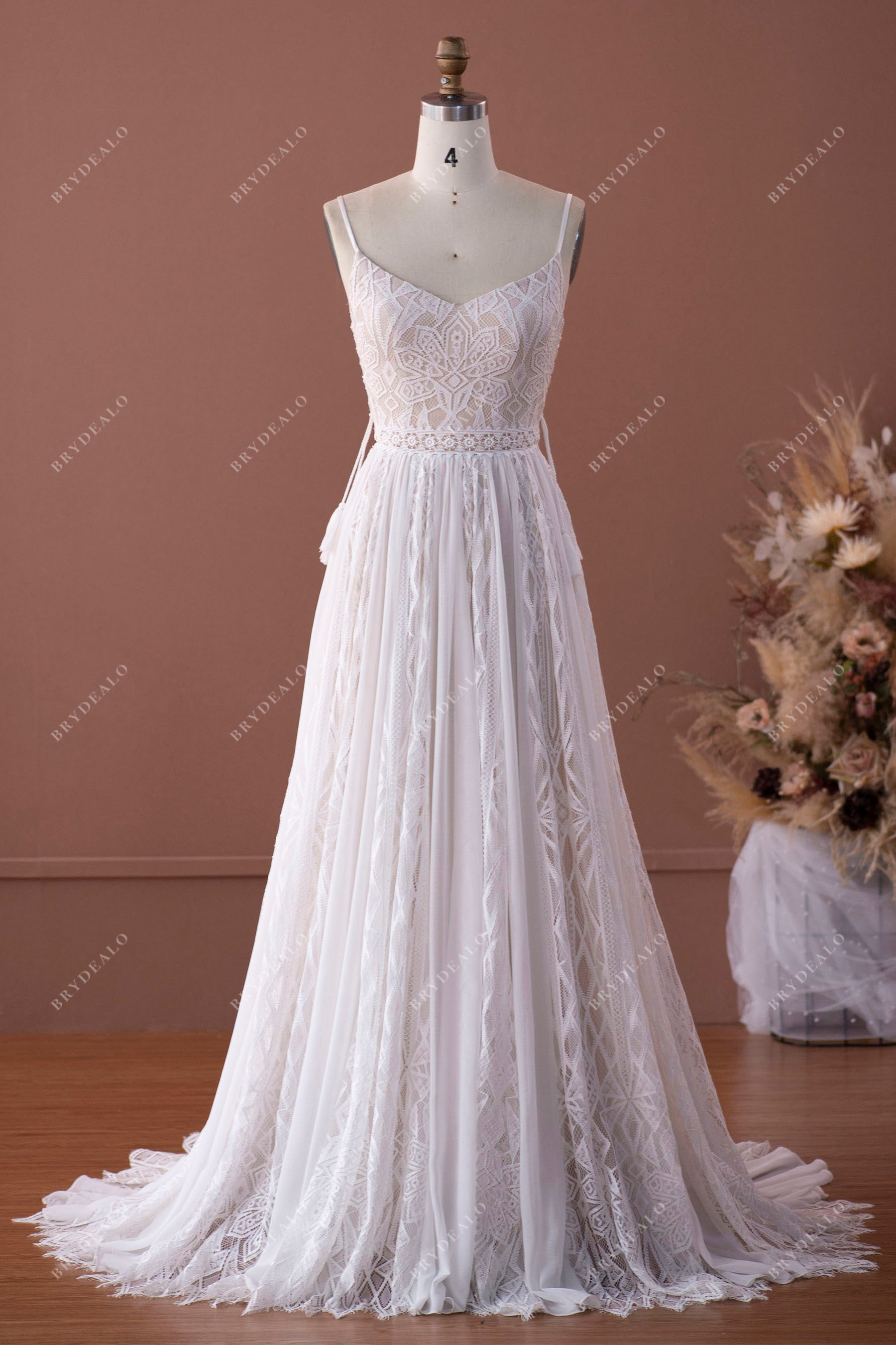 spaghetti straps V-neck lace chiffon boho wedding dress