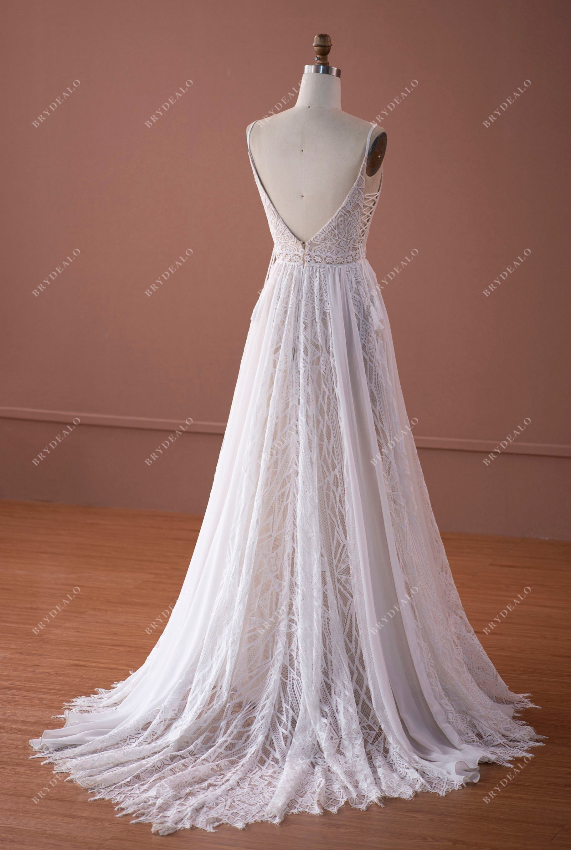 open back designer A-line lace chiffon wedding dress