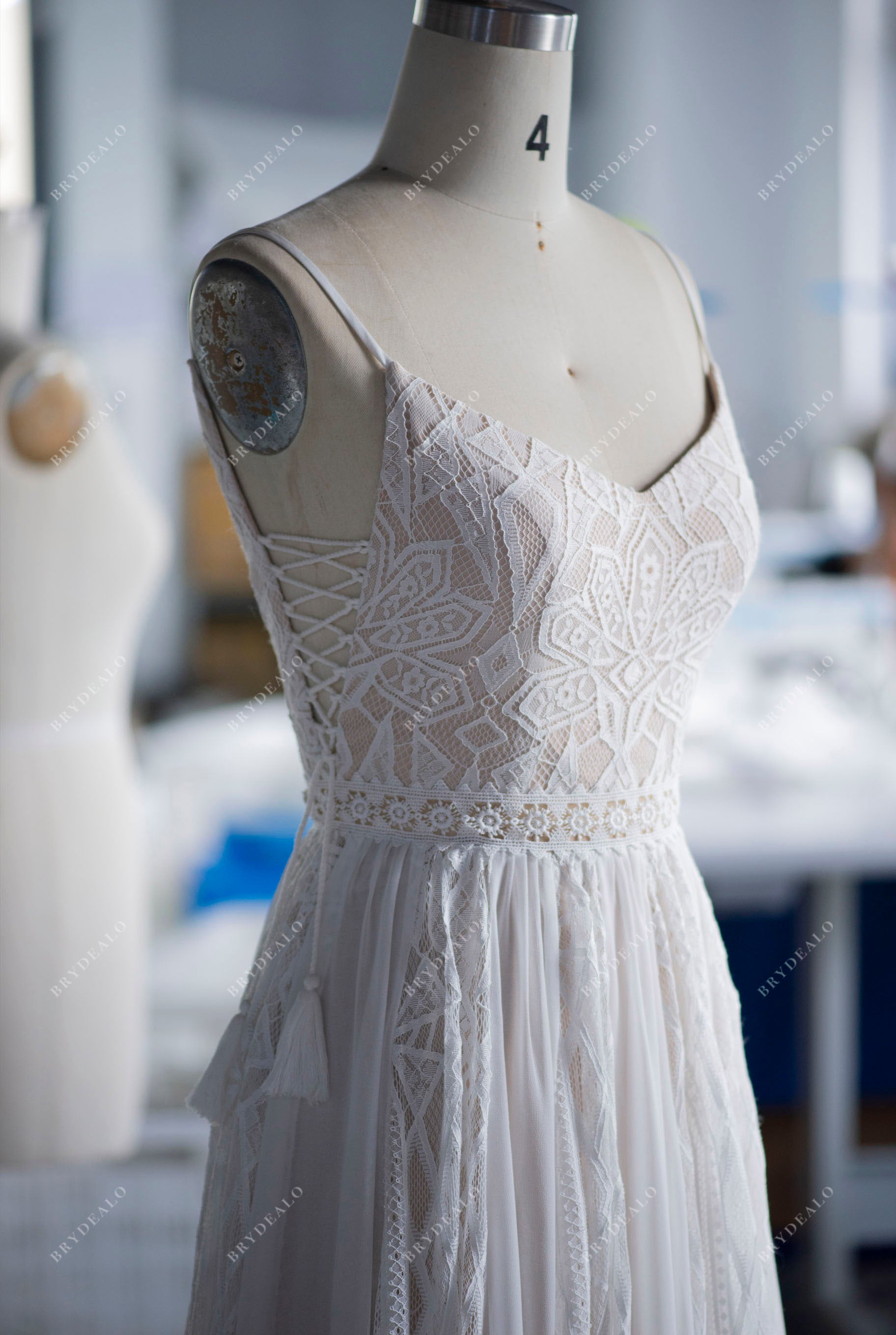custom thin straps boho lace tassel wedding dress