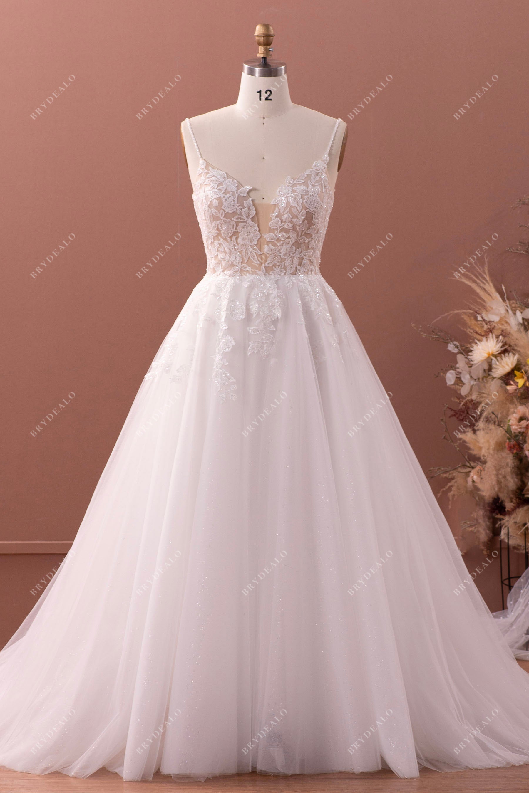 spaghetti straps lace plunging neck fairy wedding ball gown