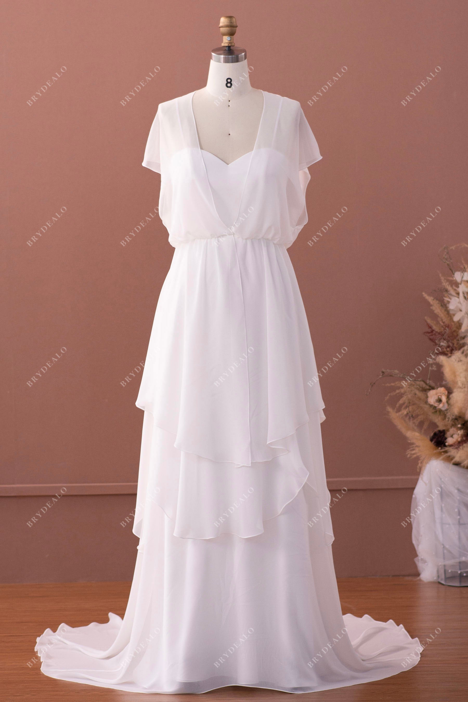 designer tiered A-line chiffon wedding dress with jacket