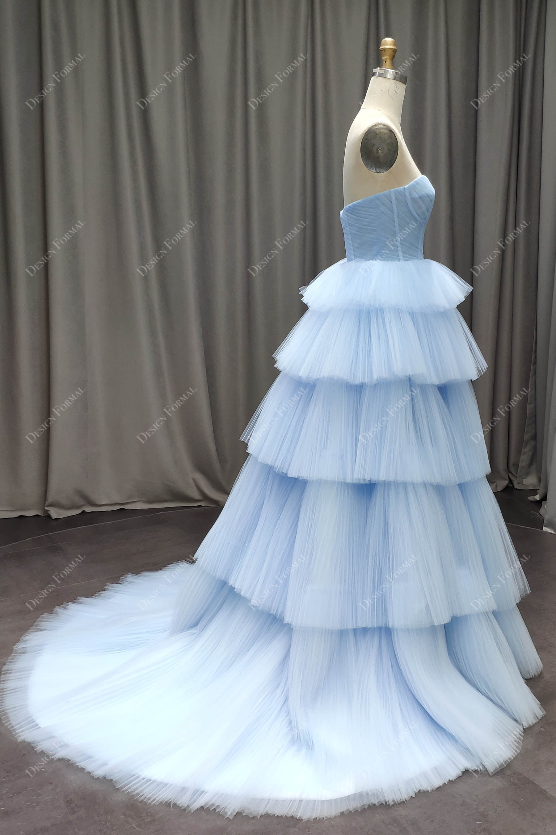 Tiered Strapless Sky Blue Tulle formal  Dress