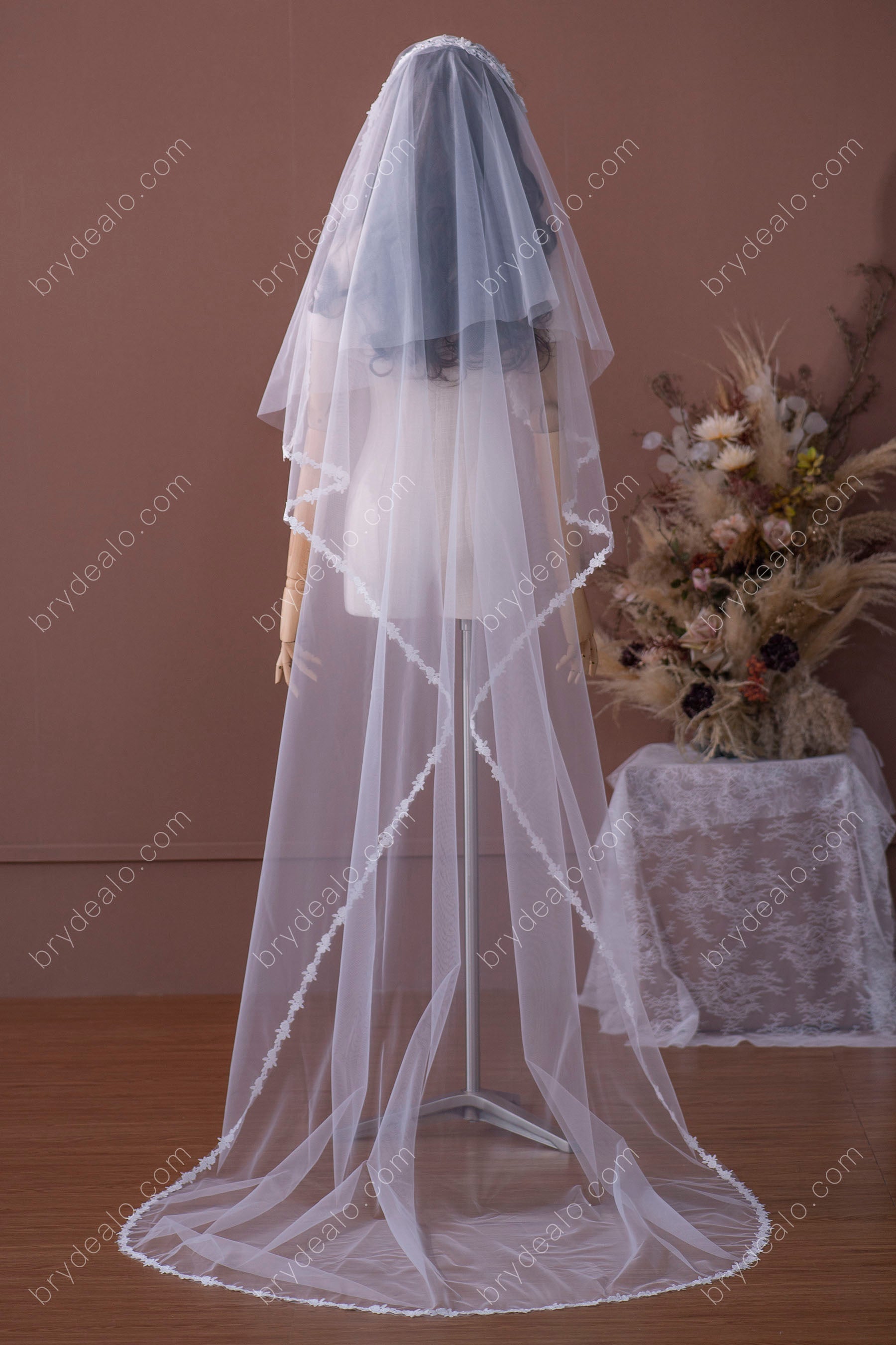 Timeless Lace Cascading Chapel Length Wedding  Veil 