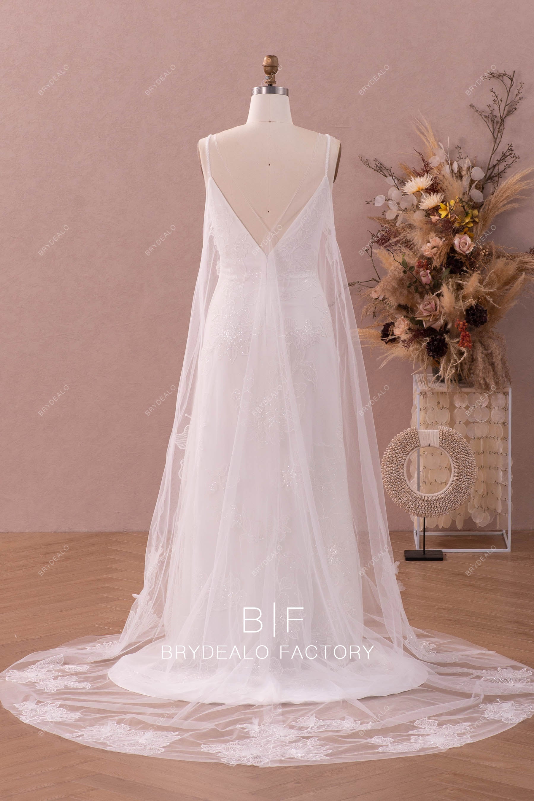 V-back spaghetti straps shimmery lace wedding dress with robe 