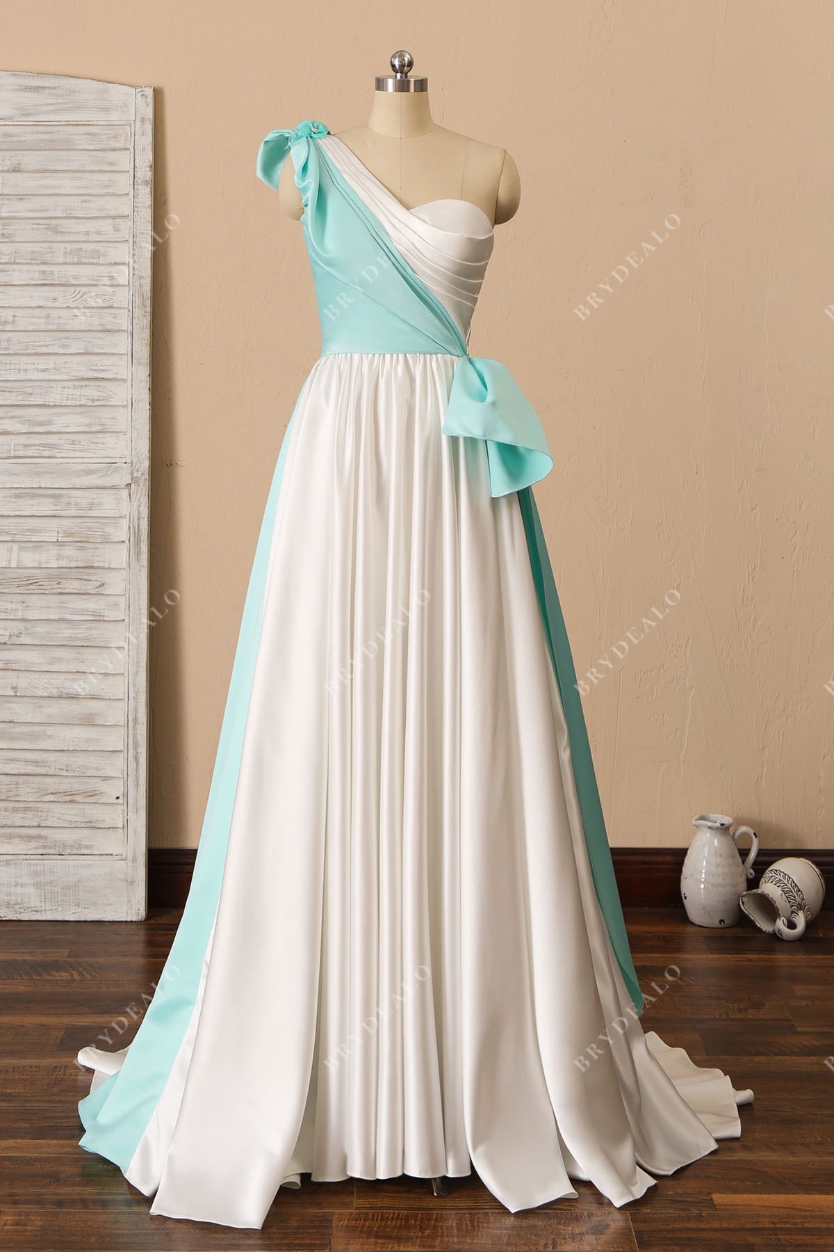 Unique Two-tone One Shoulder Ruched A-line Wedding Dress