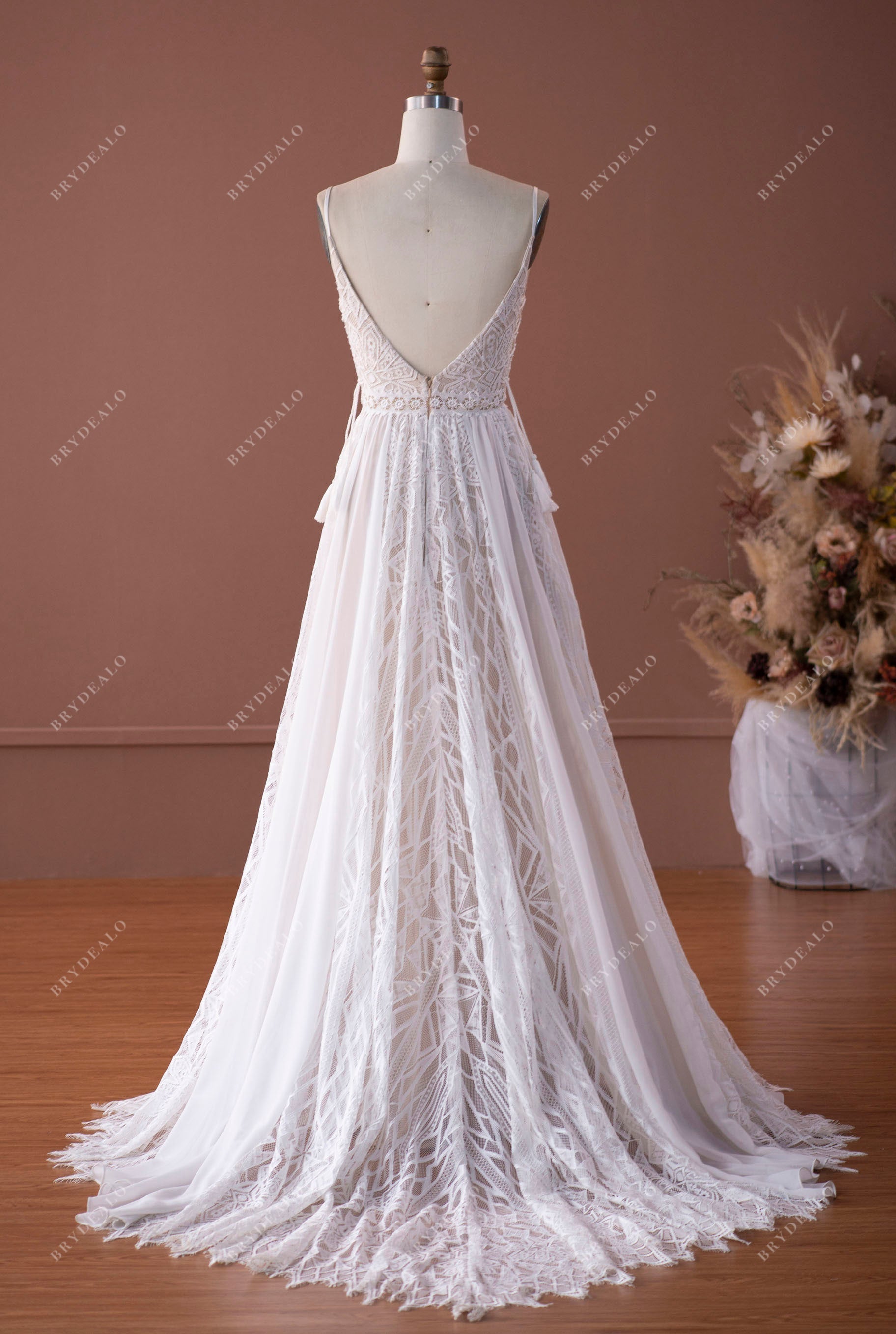 chapel train v-back lace chiffon boho wedding dress