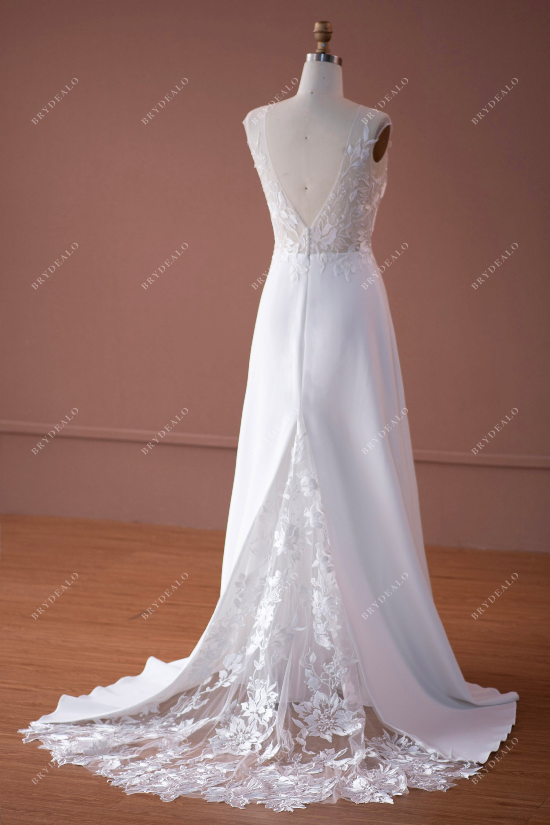 v-back illusion lace godet wedding dress online