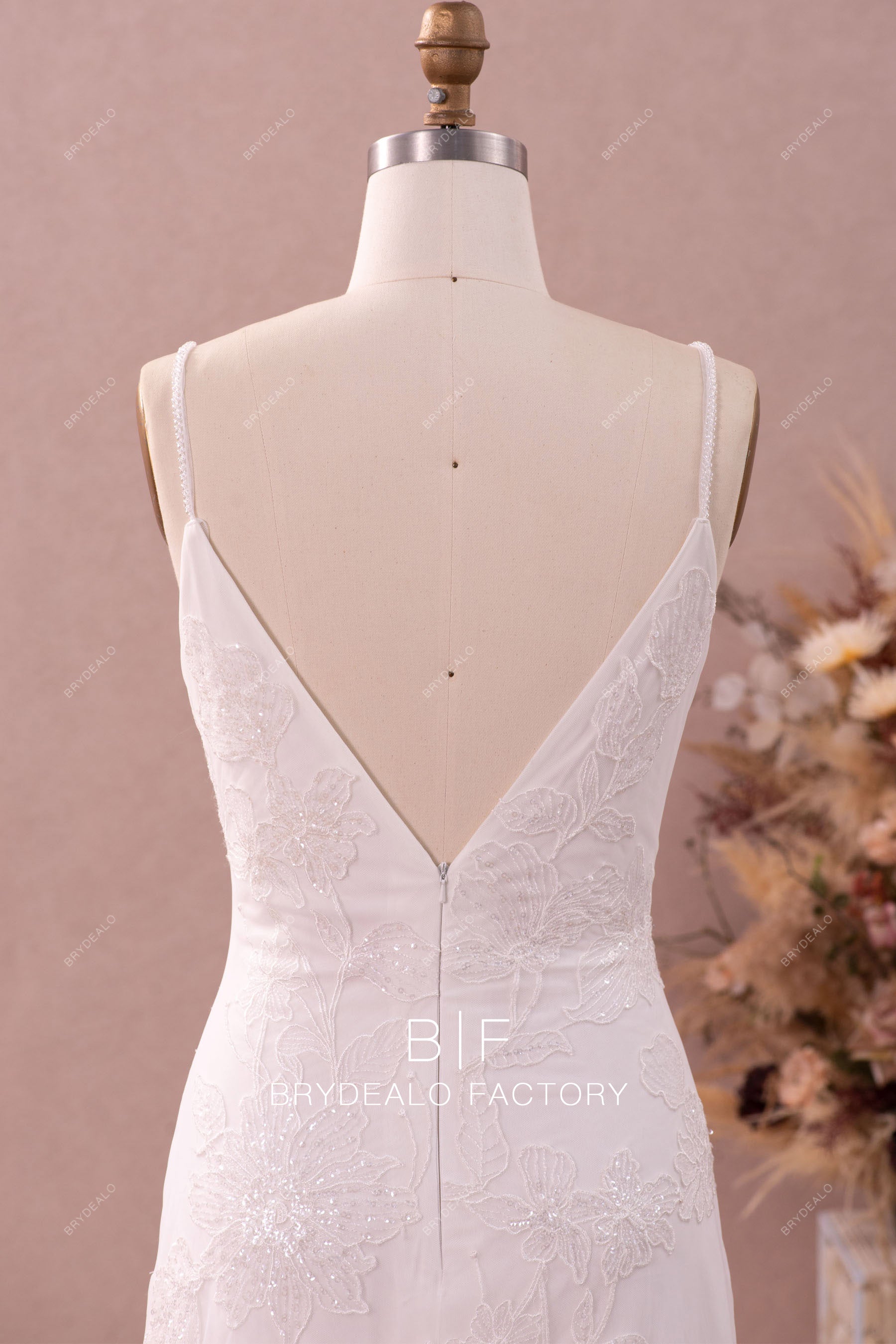 v-back beaded spaghetti straps wedding dress