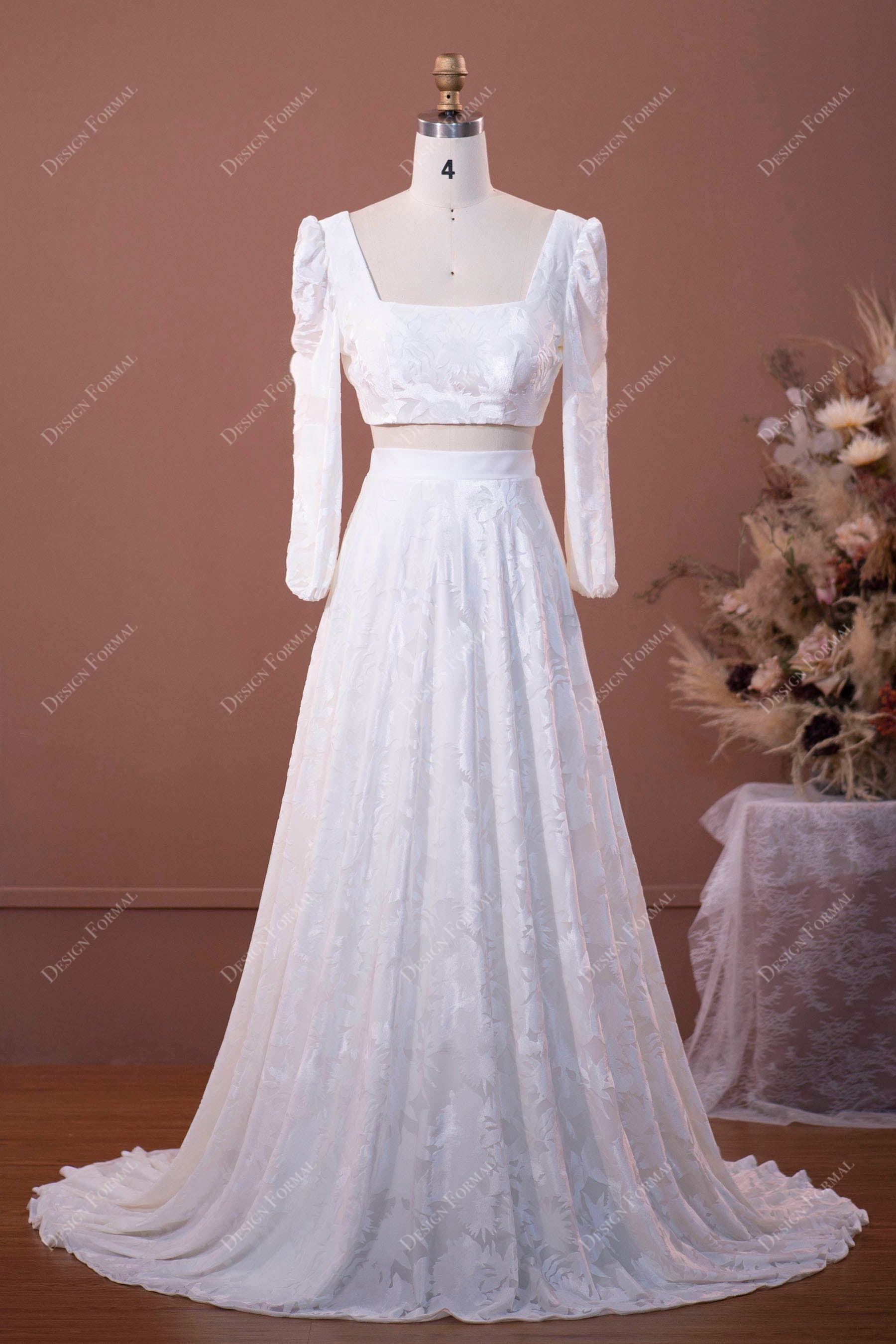 designer velvet two-piece long sleeve wedding dress