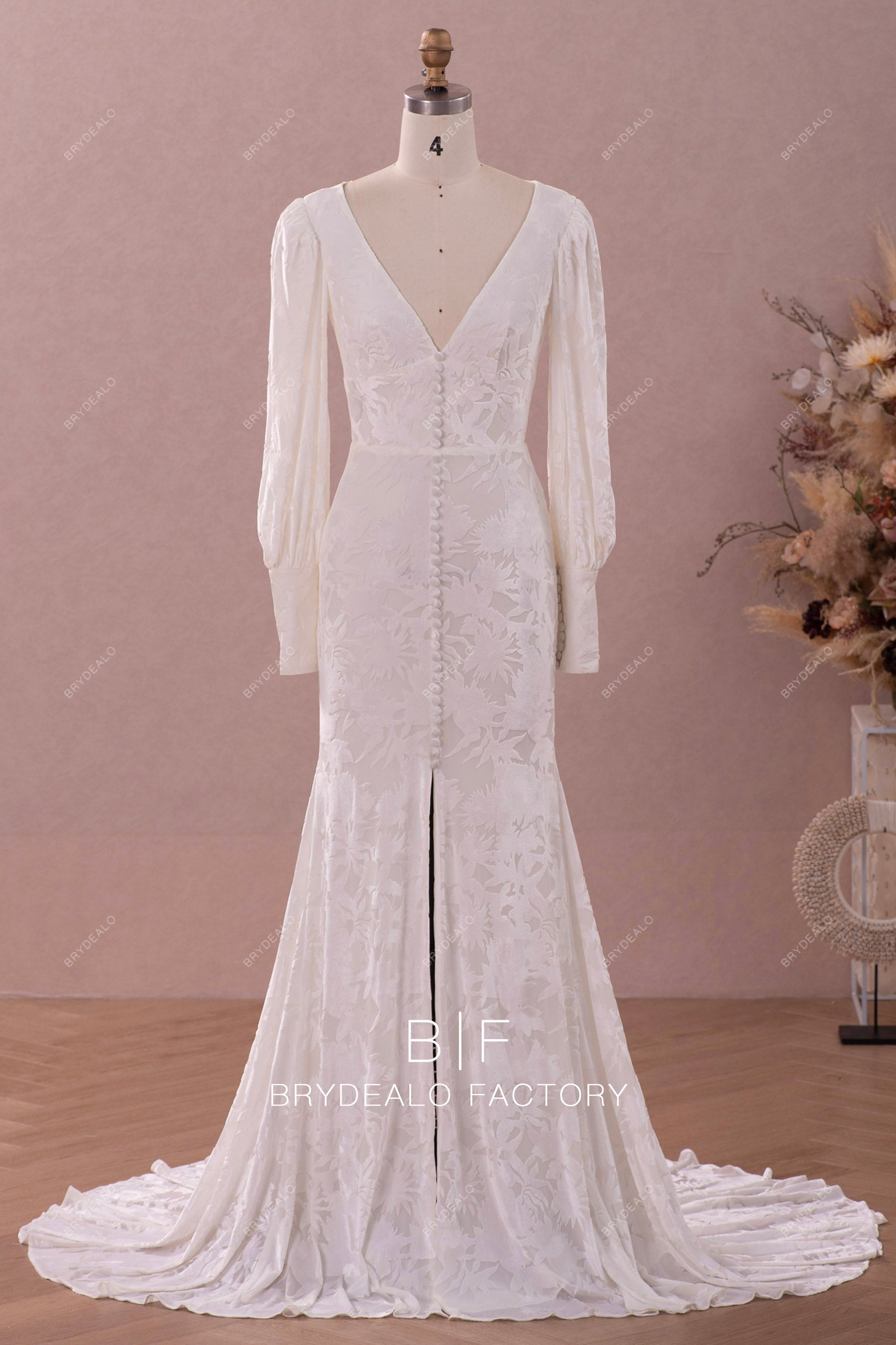 Vintage Bell Sleeve Designer Burnout Velvet Mermaid Bridal Gown