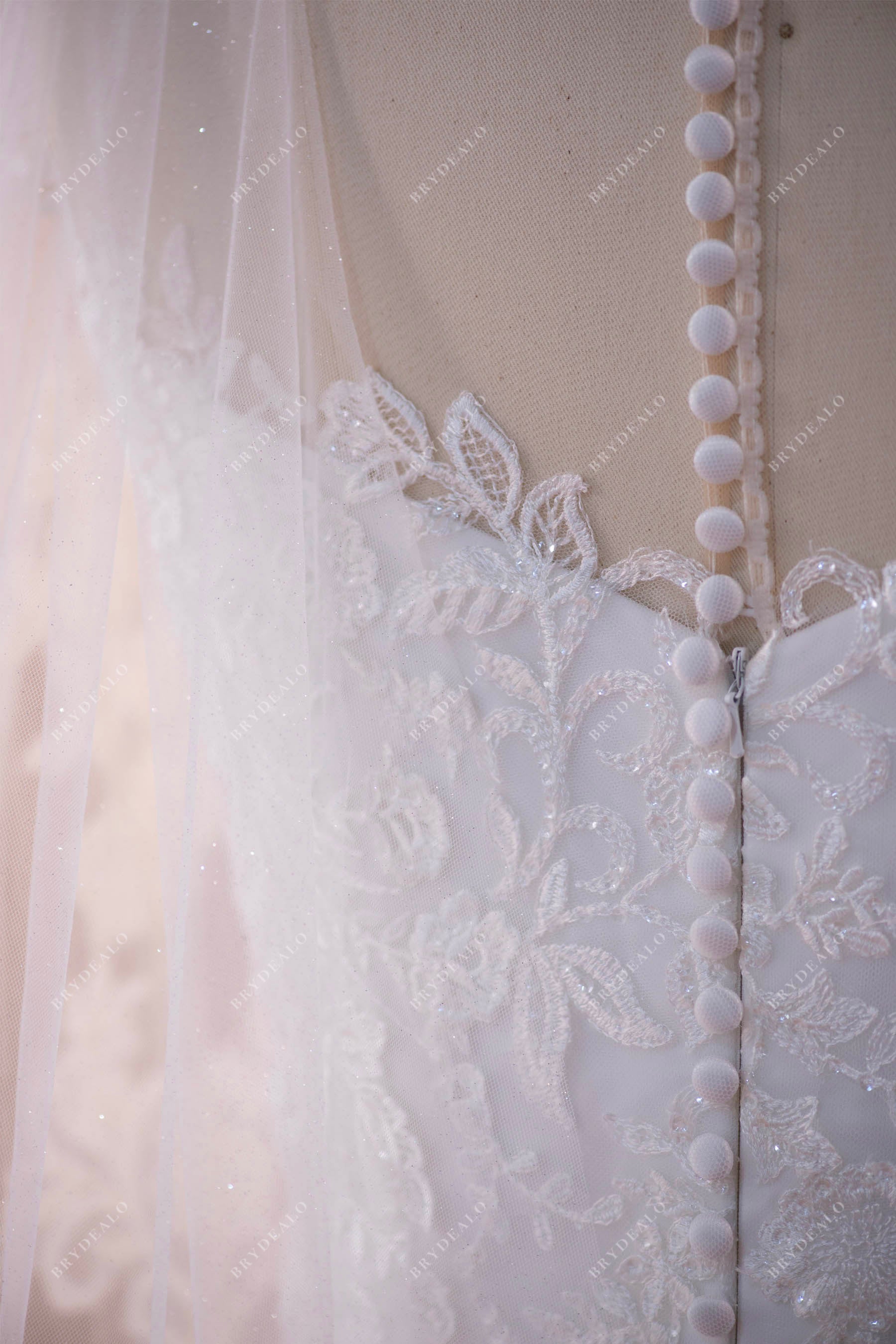 stylish buttoned illusion lace back wedding dress