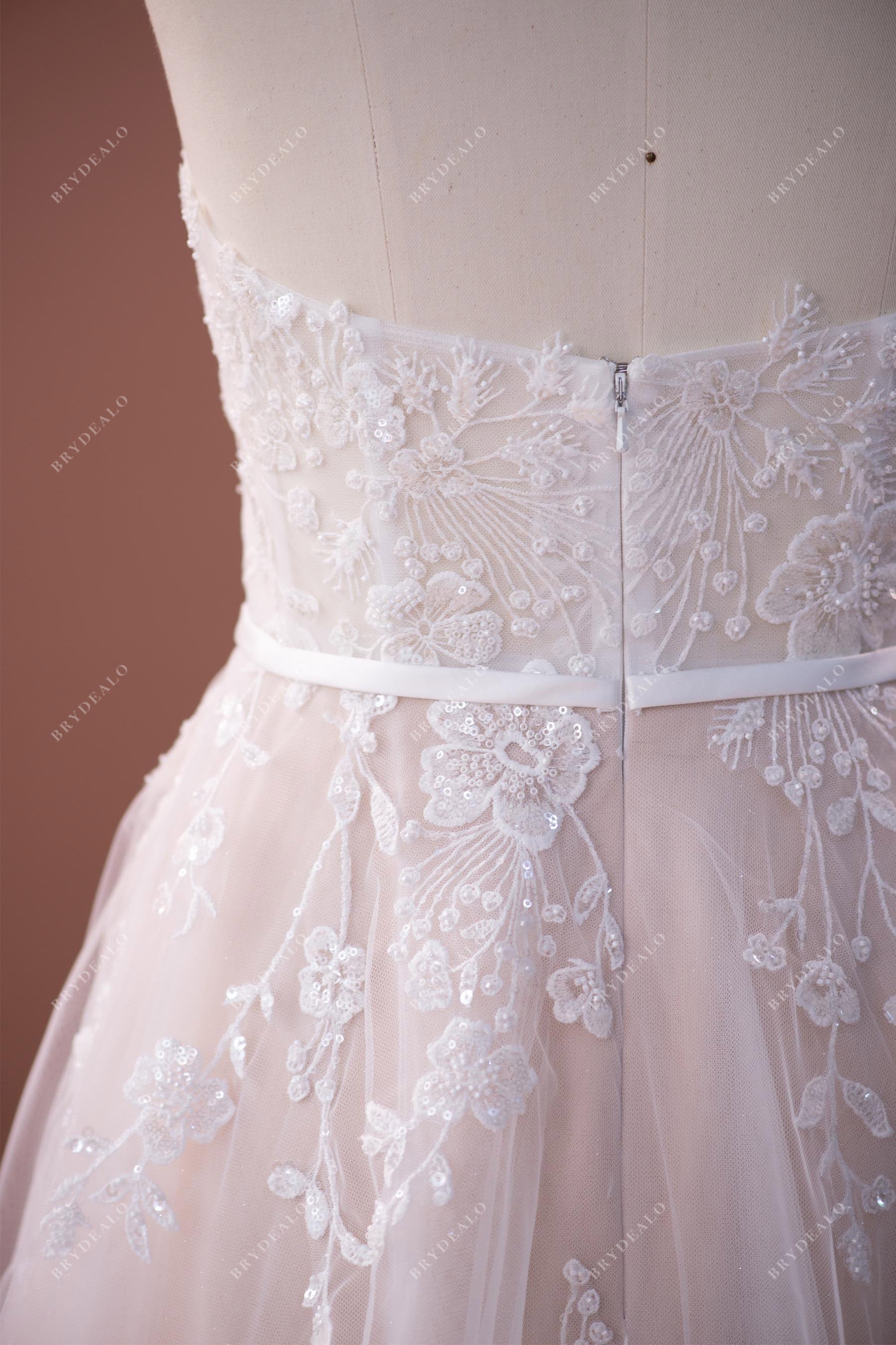 satin belt designer lace destination strapless bridal gown