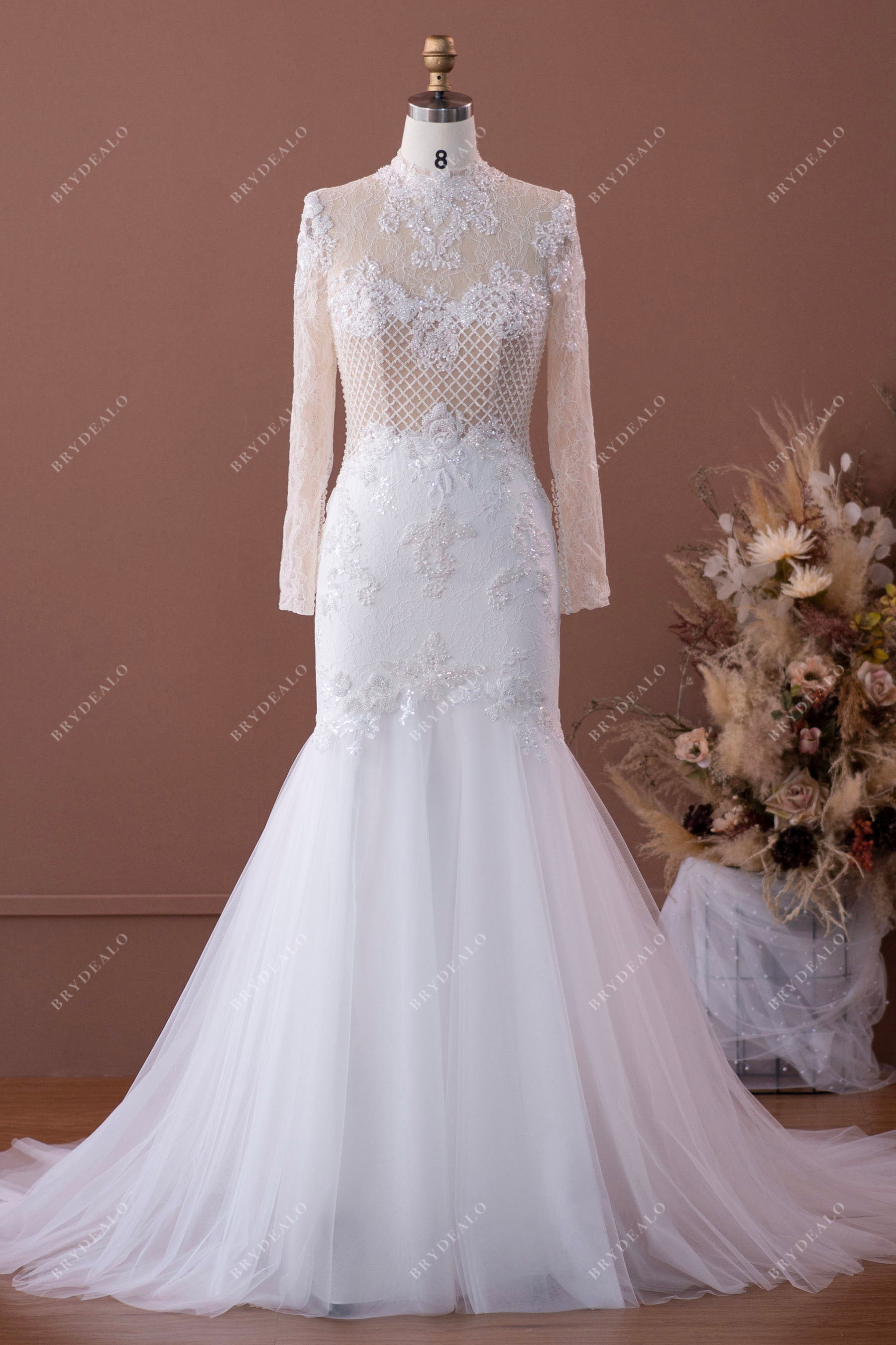 elegant beaded lace high neck long sleeve  luxury mermaid wedding dress