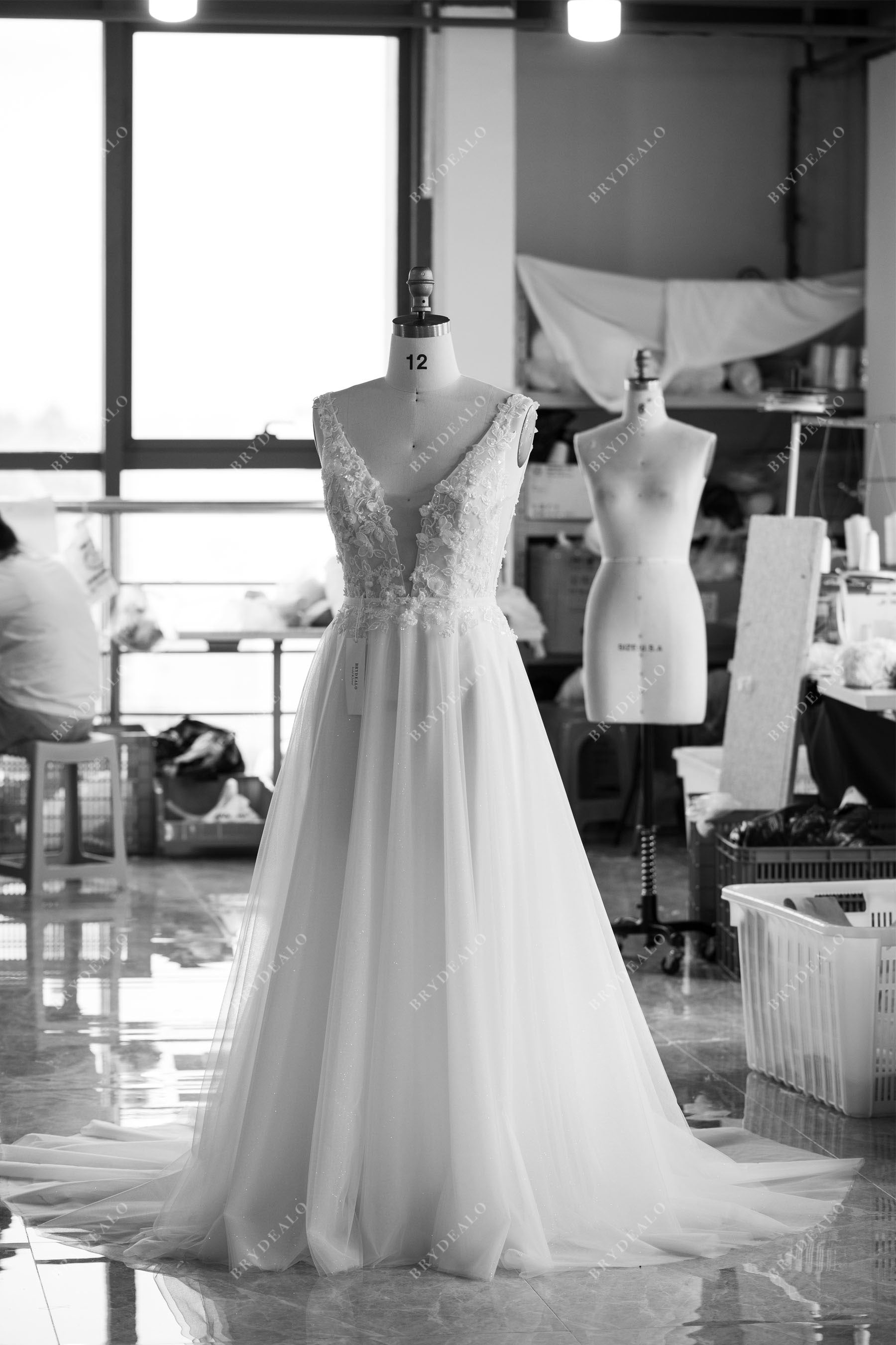 custom plunging neck 3D flower lace wedding dress