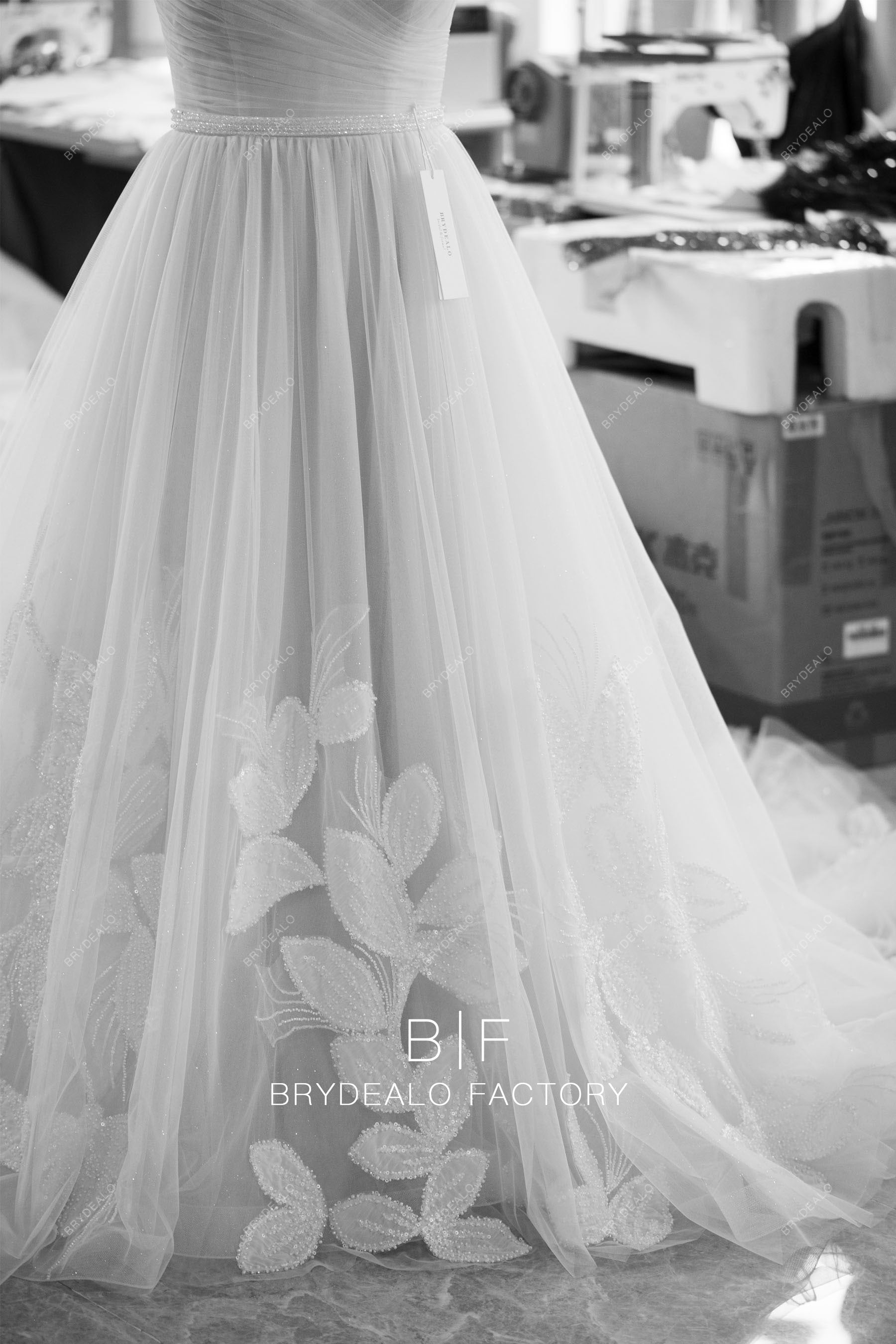 Custom beaded lace puffy A-line wedding gown