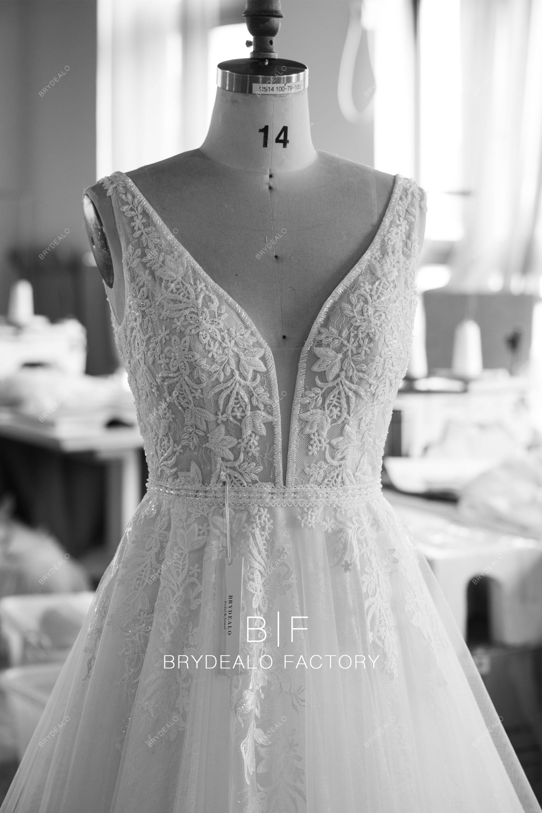 custom beaded lace plunging neck bridal  dress