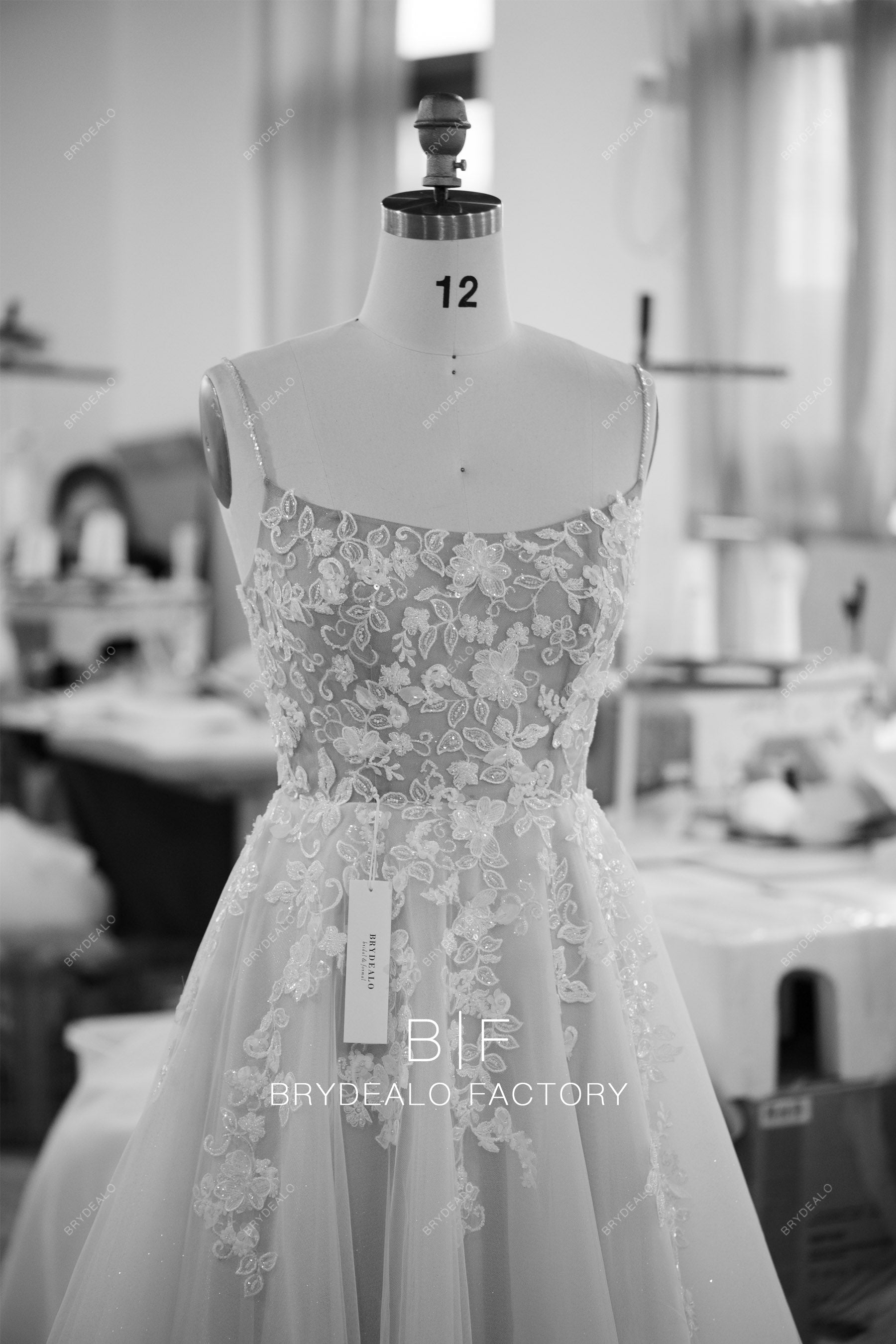 spaghetti straps beaded flower lace wedding dress