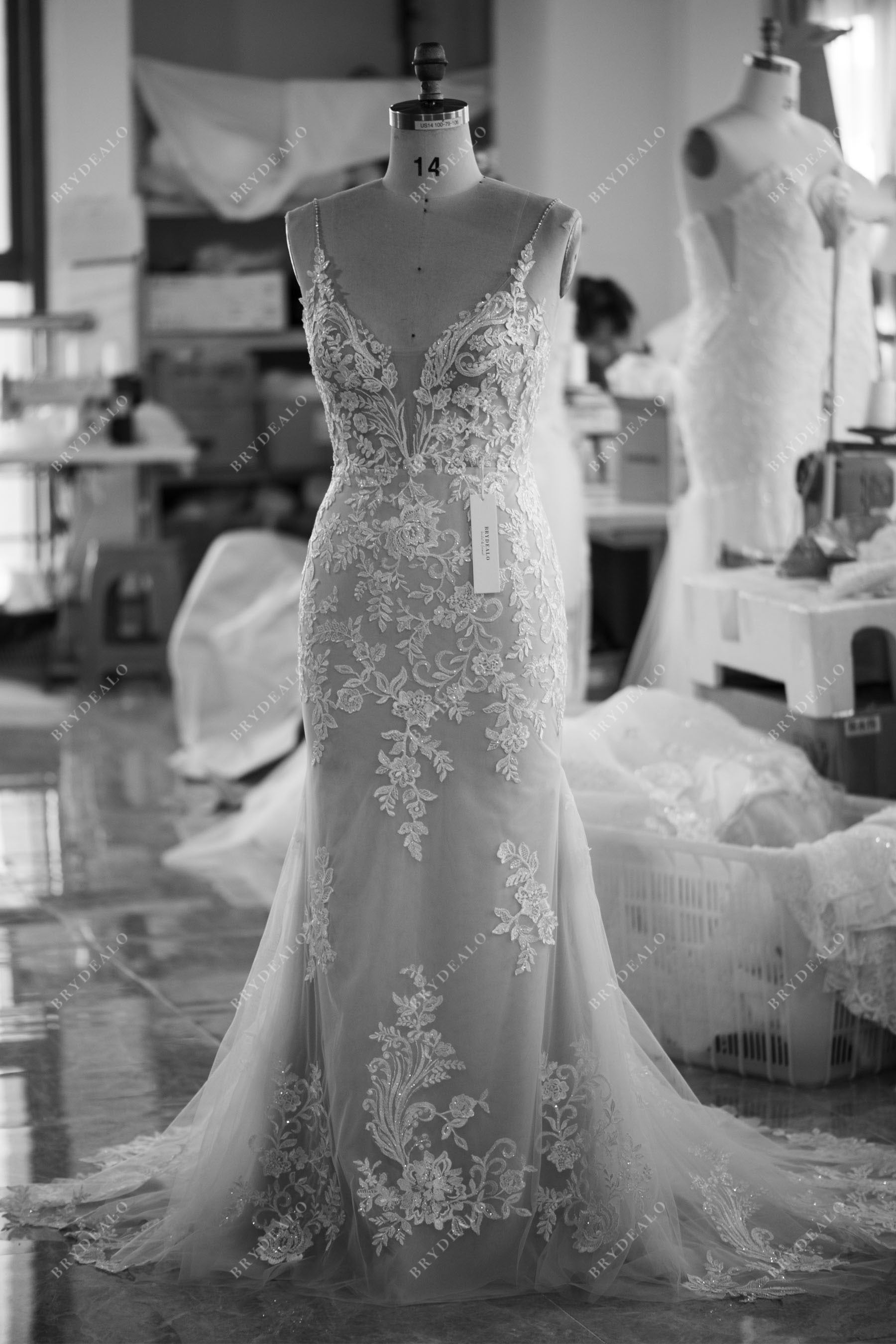 Custom mermaid illusion bodice lace wedding dress