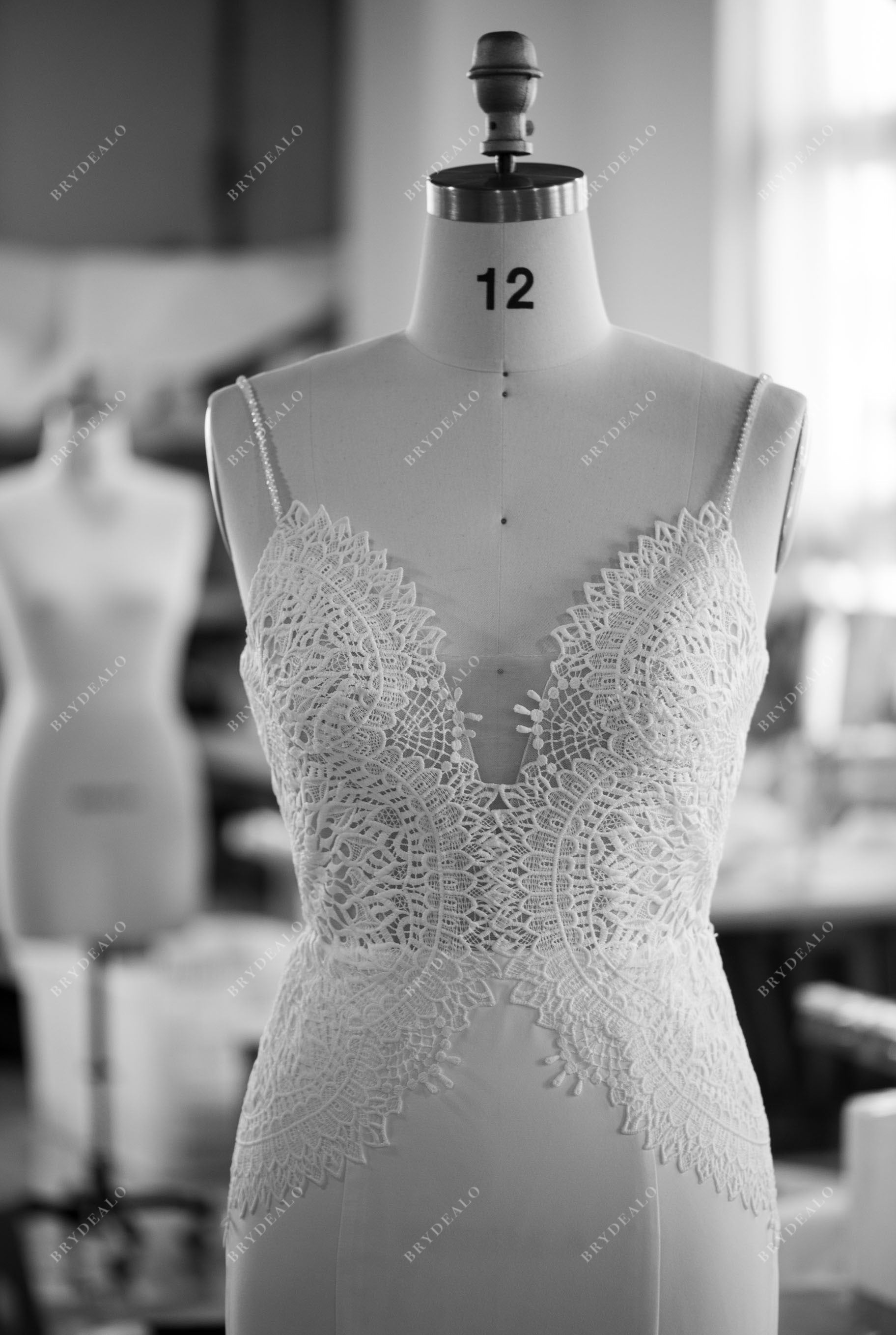 custom beaded straps plunging lace wedding dress