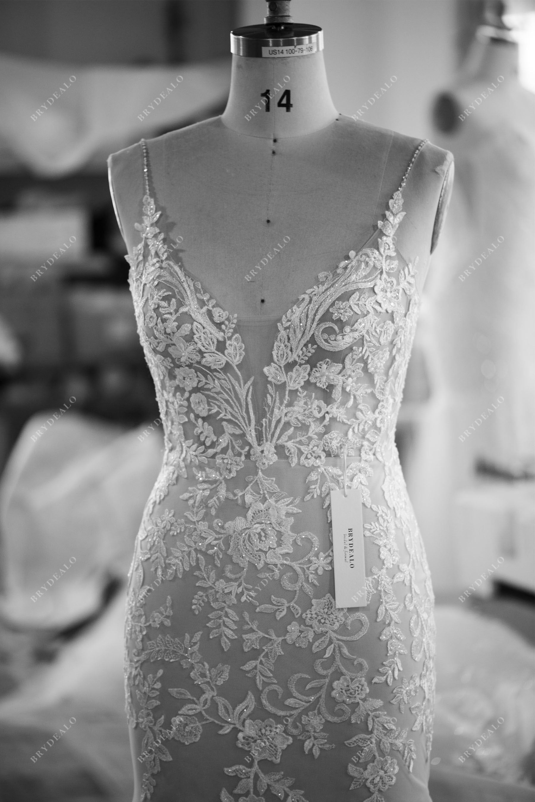 custom-made thin straps plunging sleeveless wedding dress