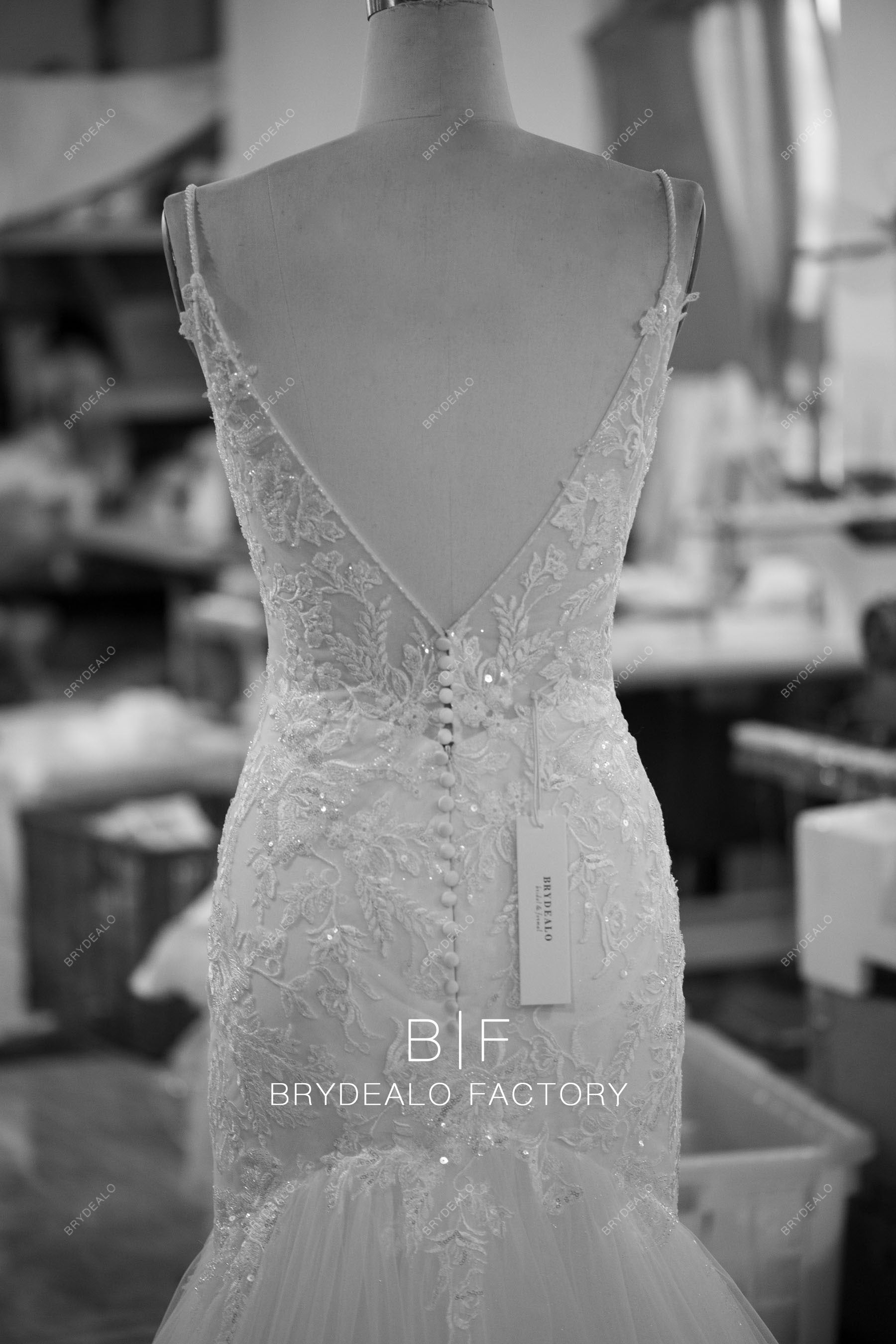 beaded lace applique thin straps V-back wedding dress