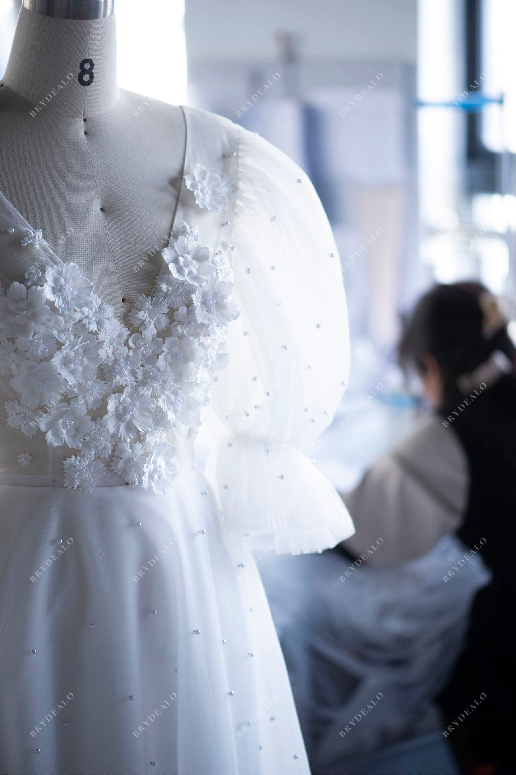 designer flowers V-neck pearls bridal gown