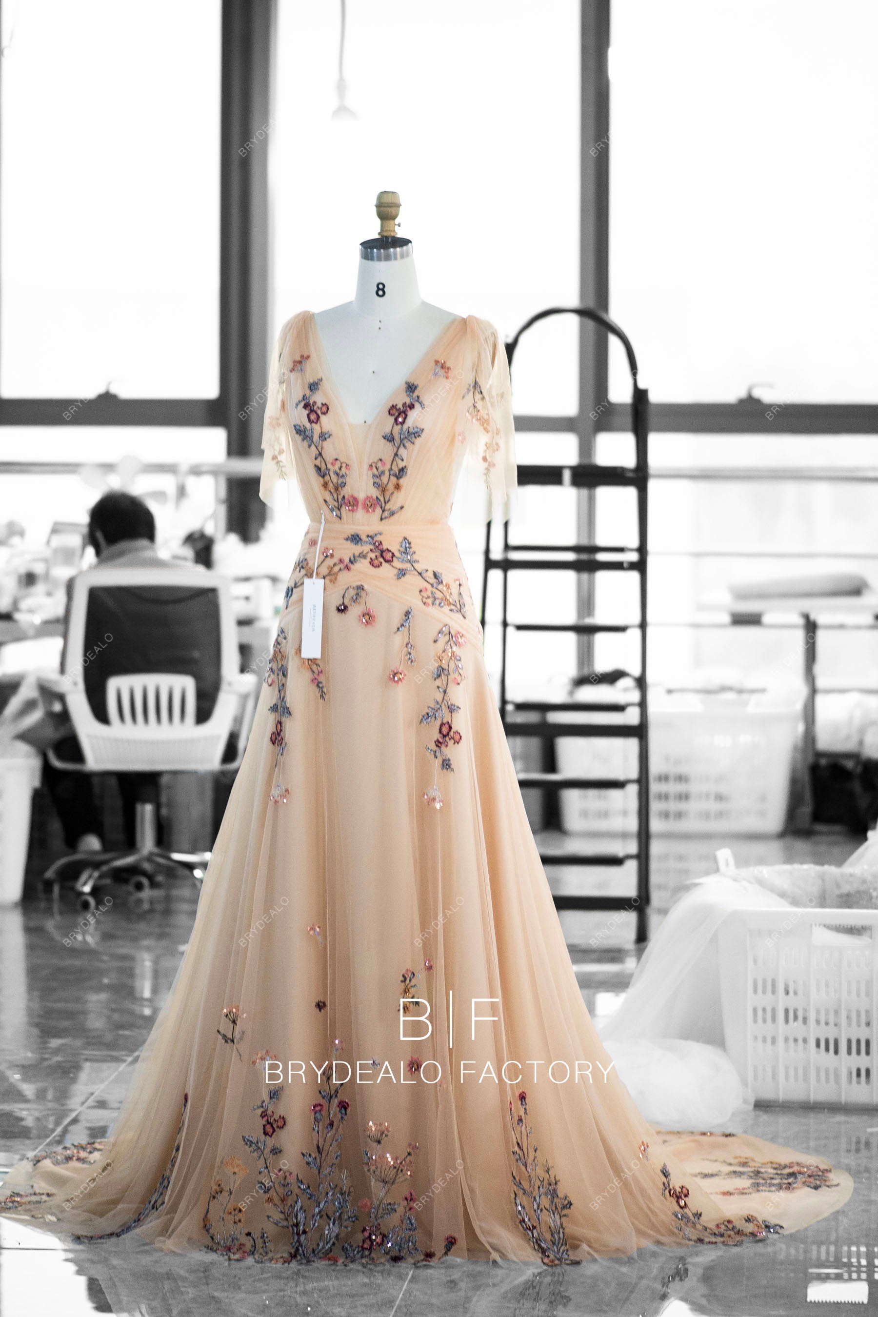 Boho Colored Flower Lace Fit and Flare Spring Fall Wedding Dress