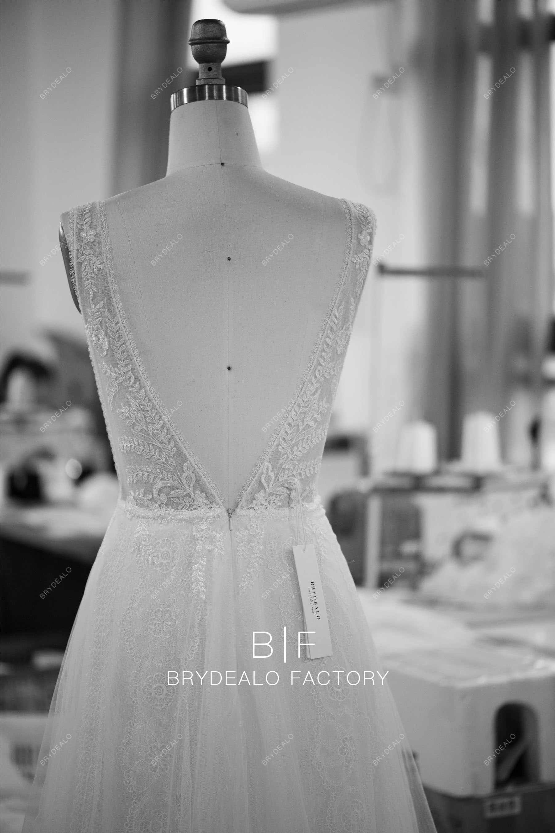 hand-made boho v open back lace wedding dress