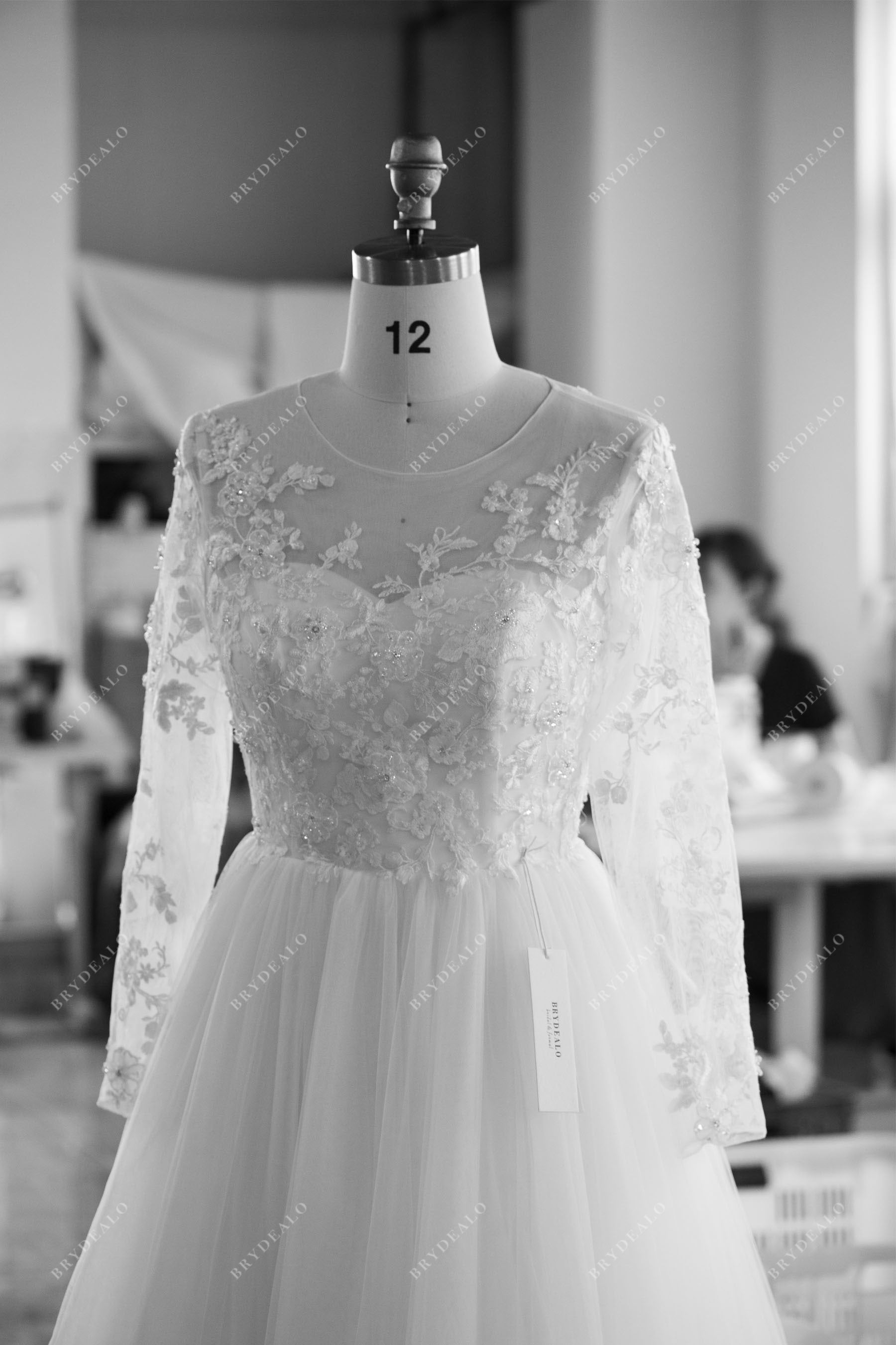 illusion neck long sleeve A-line wedding dress