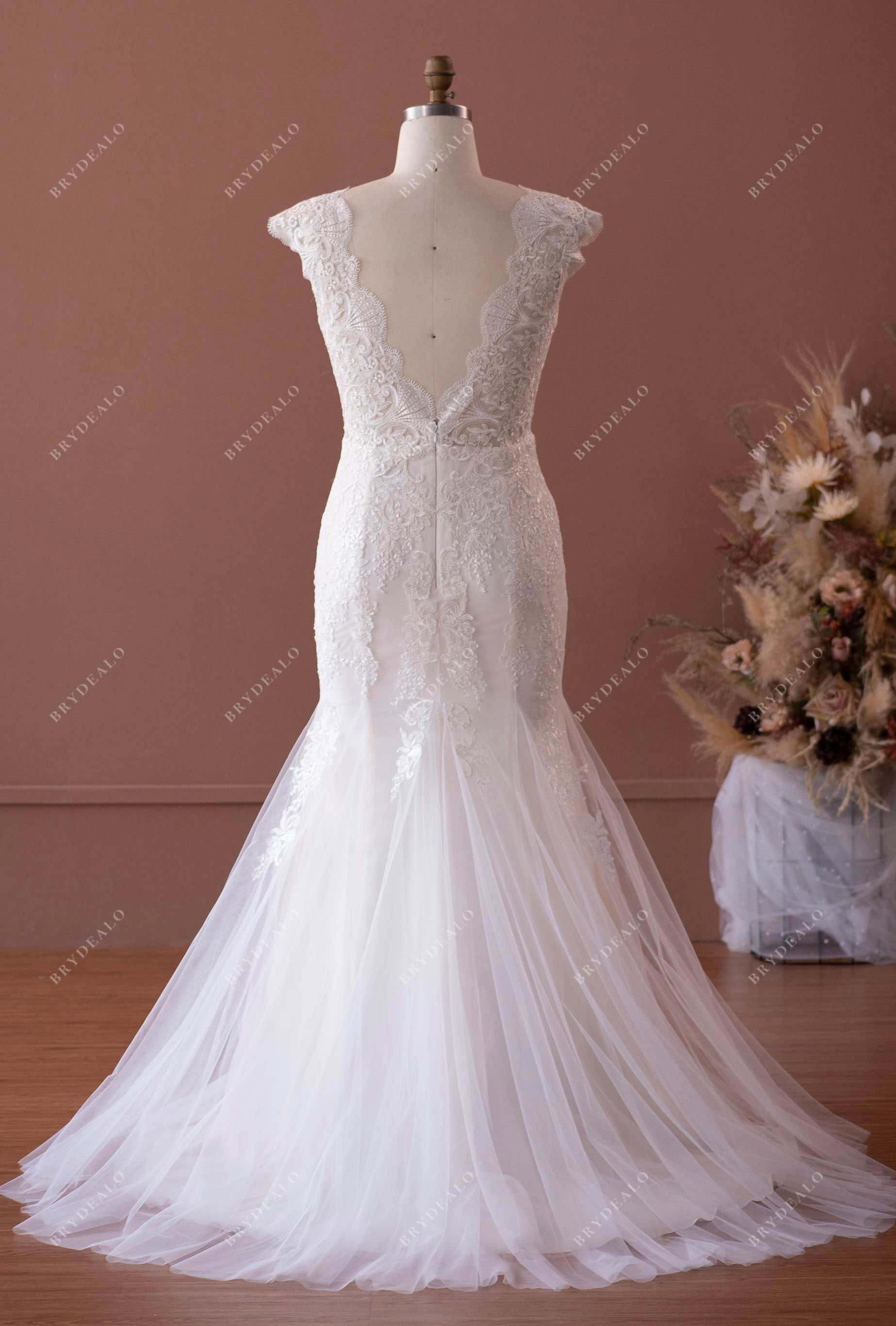 open V-back court train trumpet bridal gown