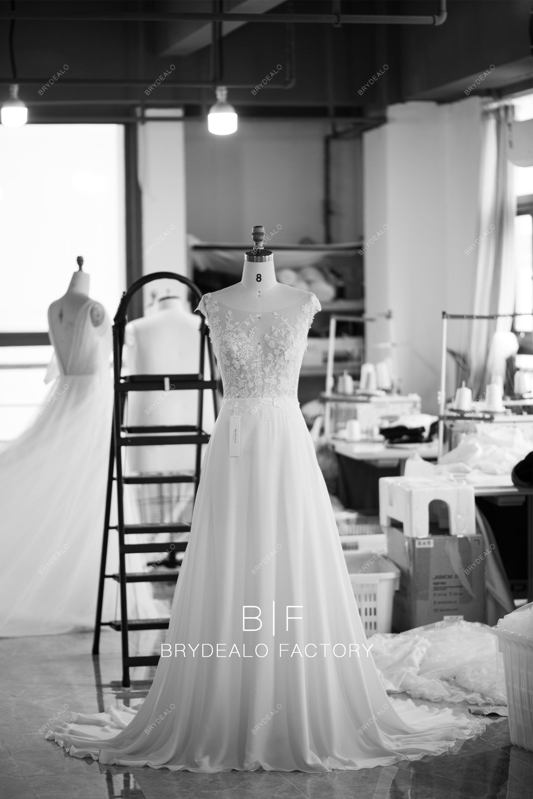 custom cap sleeve lace flowing chiffon wedding dress