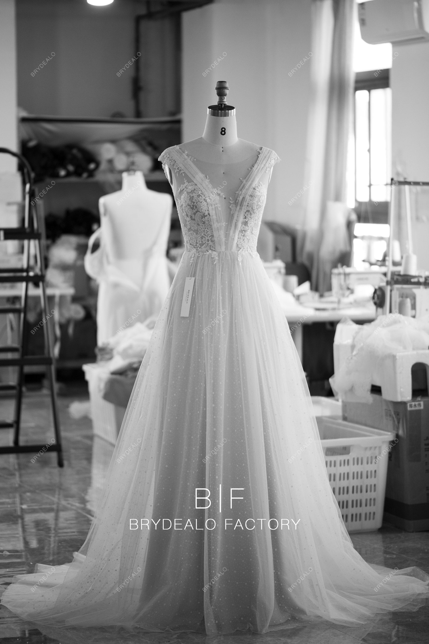custom plunging lace boho A-line wedding dress