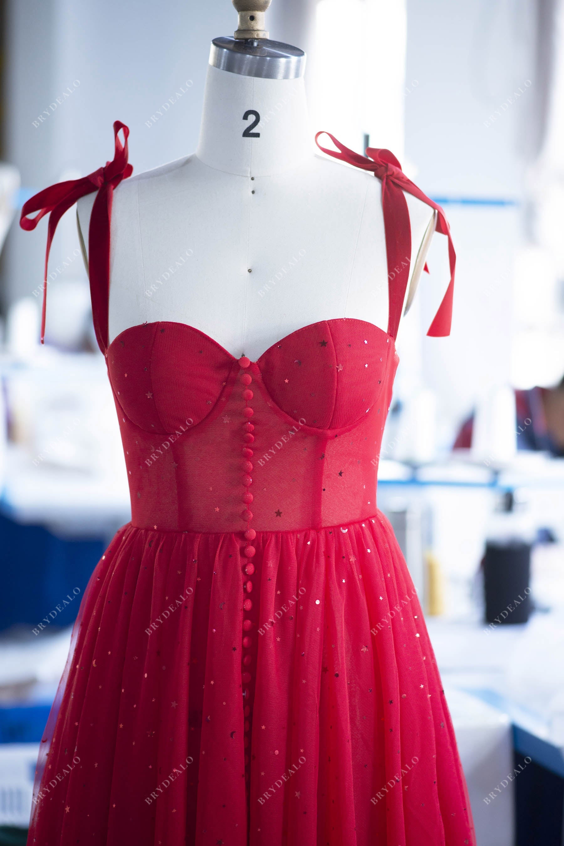 Red Shoulder Tie Corset Tea Length Prom Formal Dress