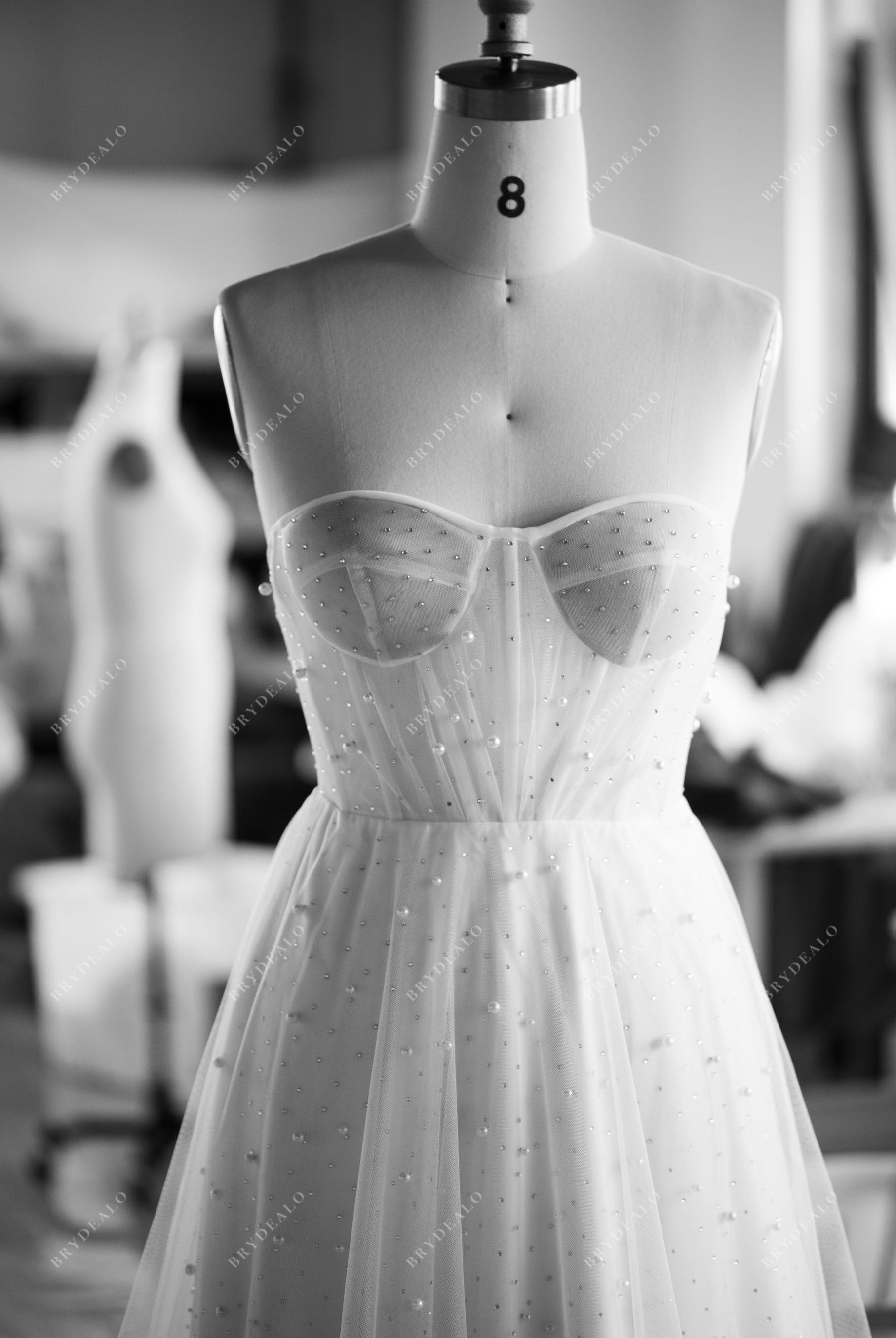 custom corset strapless pearl beach wedding dress