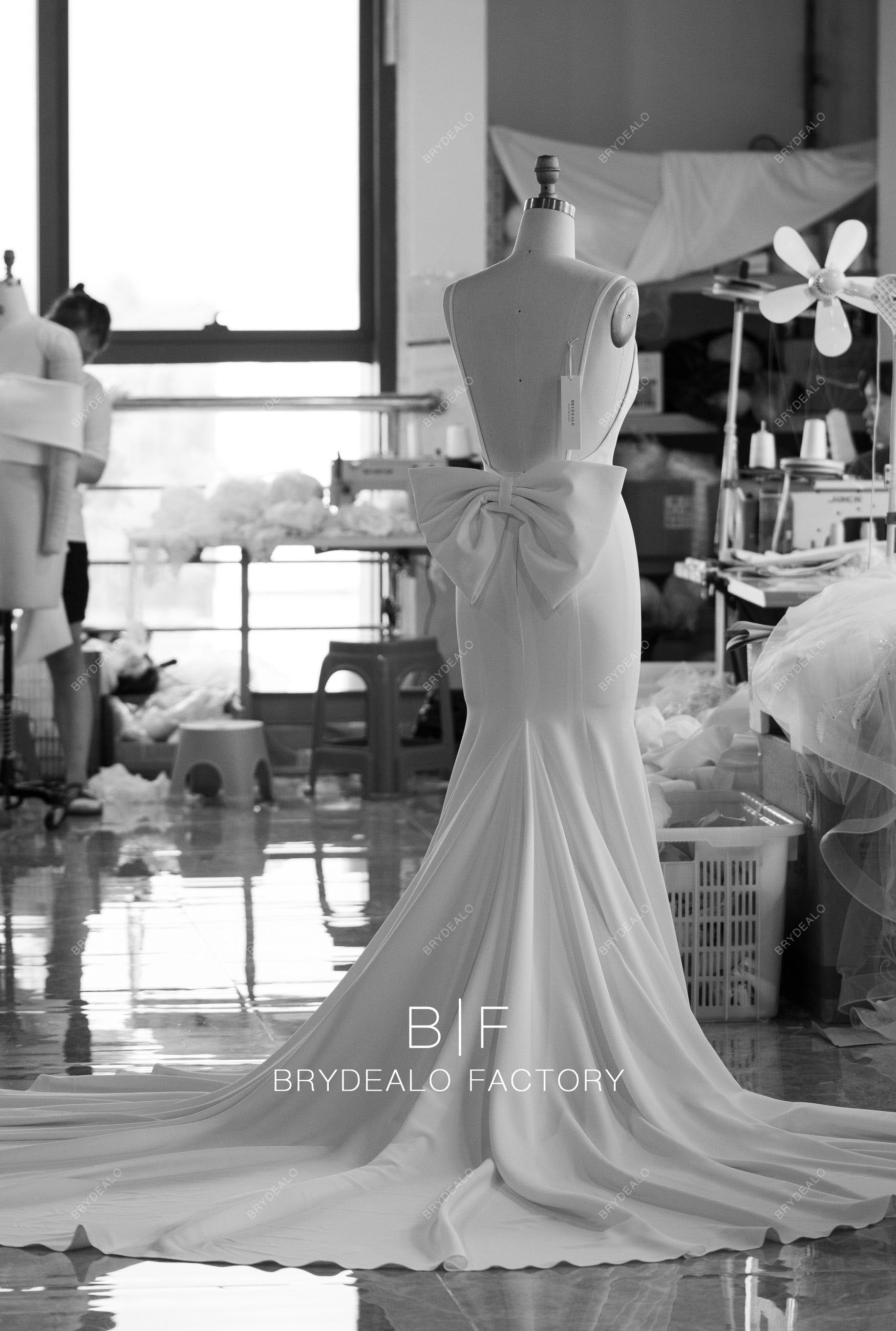 customized crepe open back chapel train wedding dress