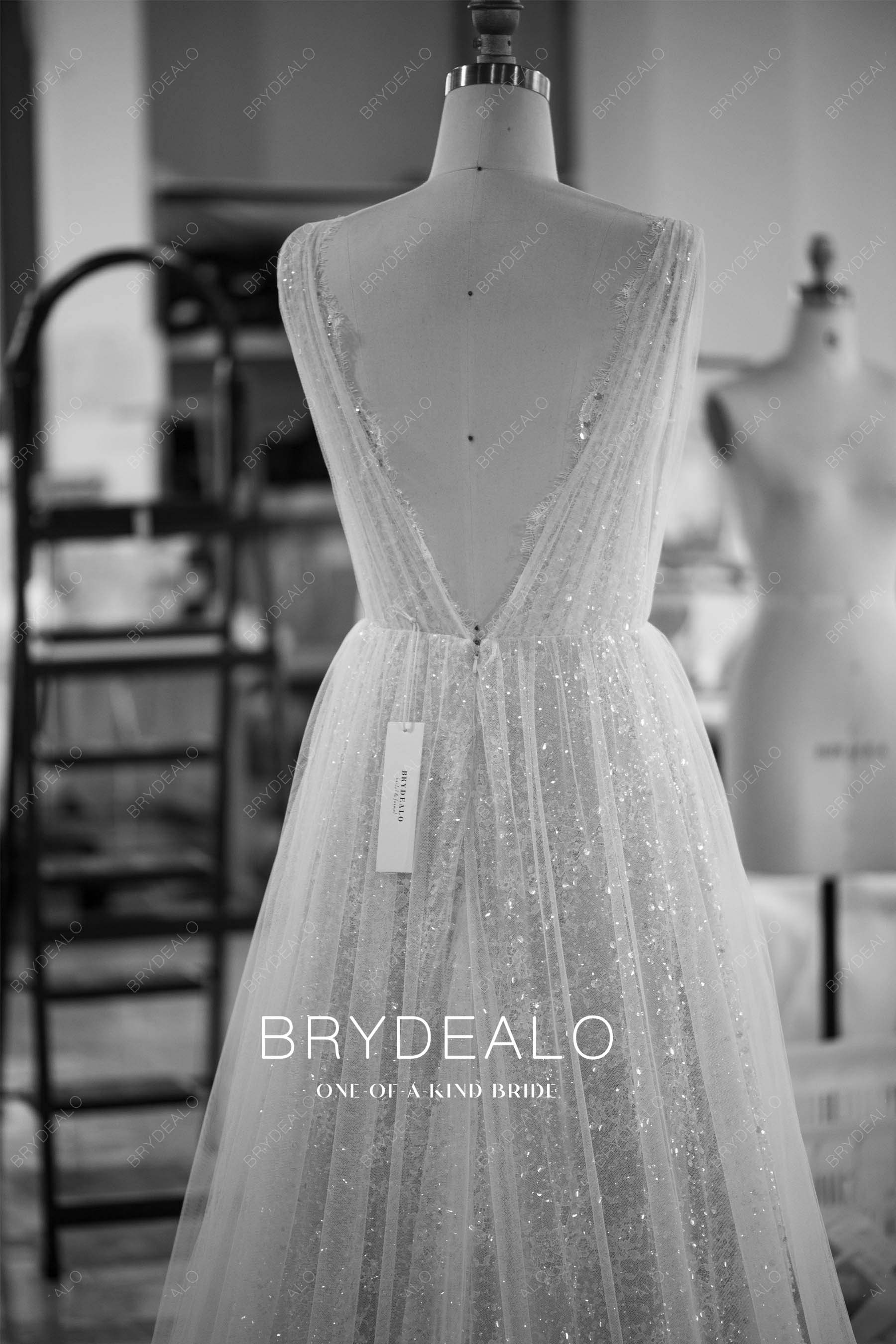 designed sequined lace open back A-line wedding dress
