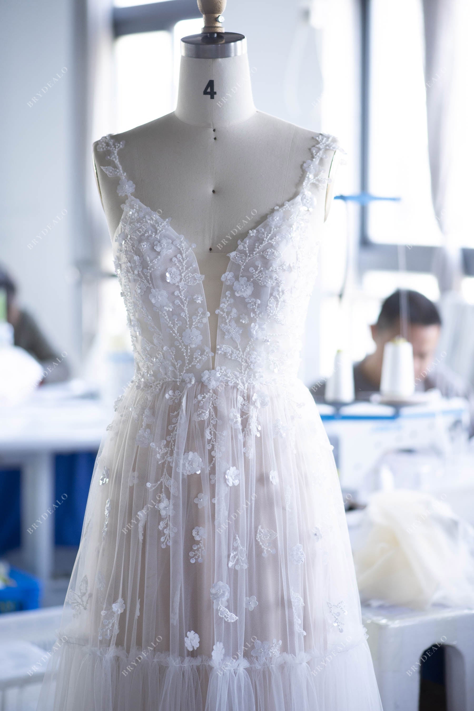custom 3D flower lace beach wedding dress