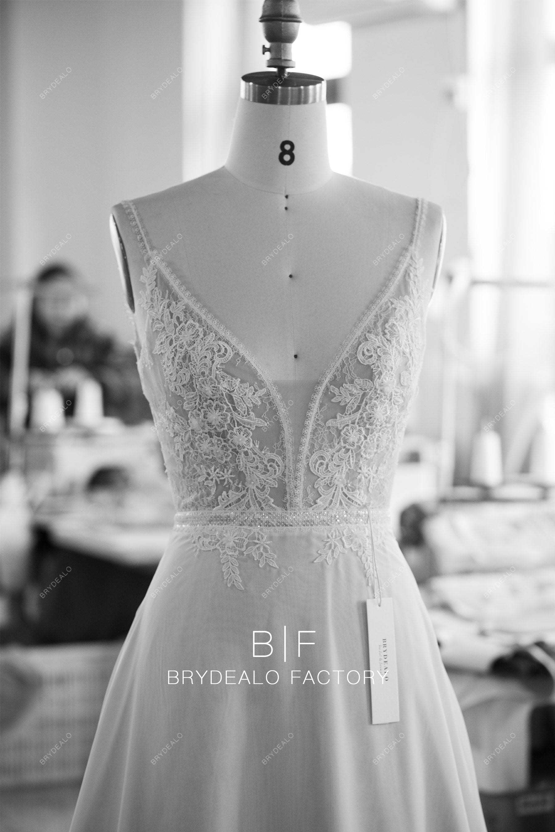 Custom flower lace chiffon sleeveless A line wedding dress