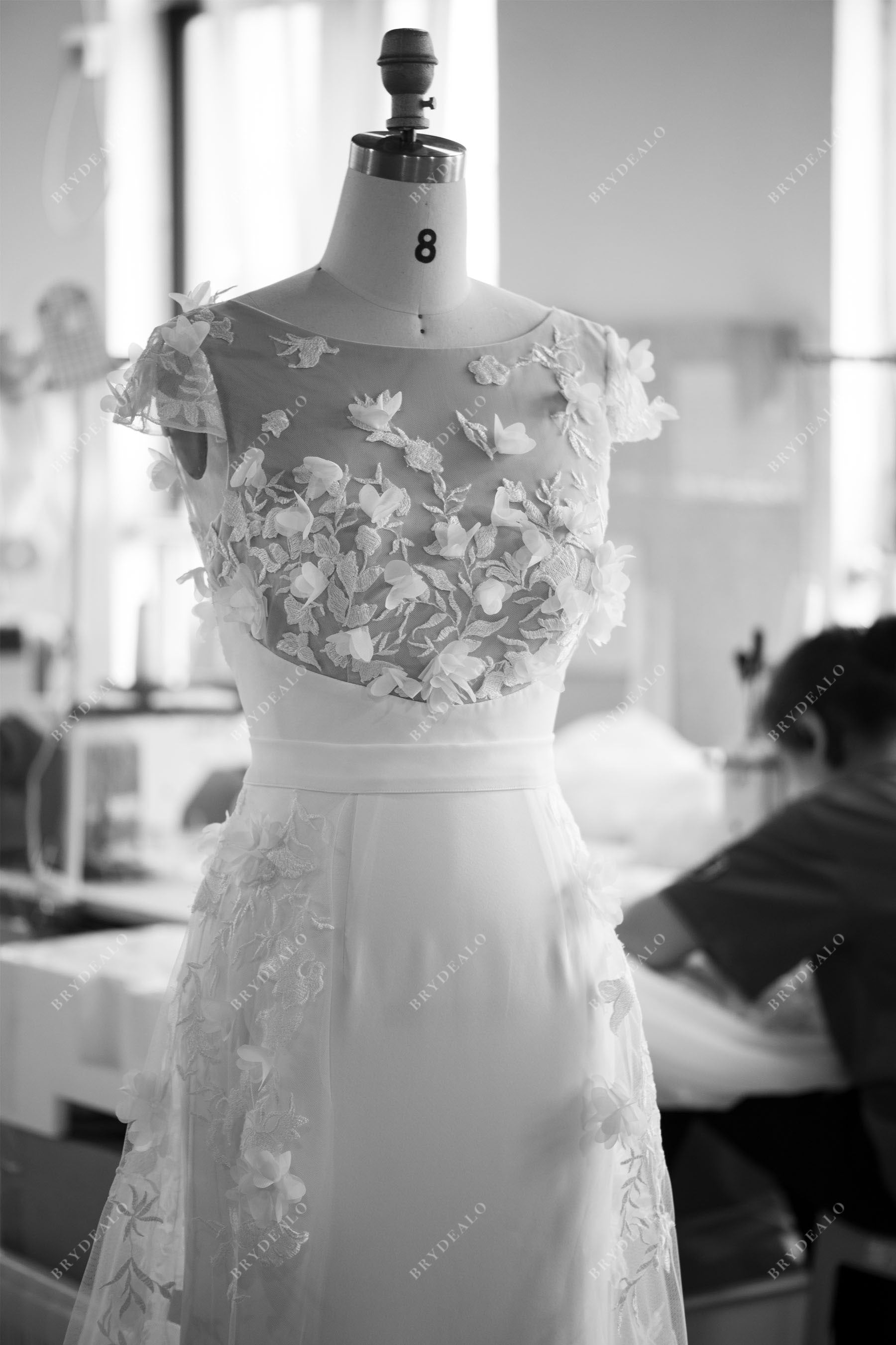 Custom flower lace crepe bridal gown