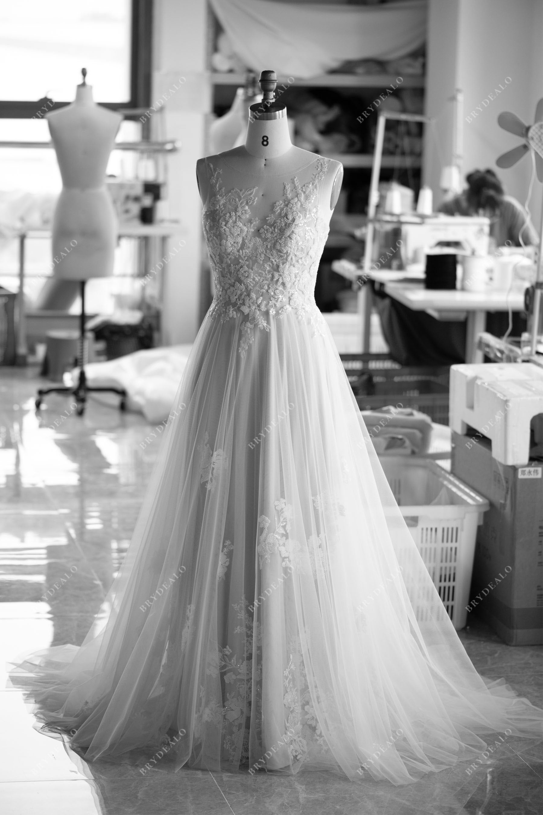 custom illusion neck lace A-line wedding dress