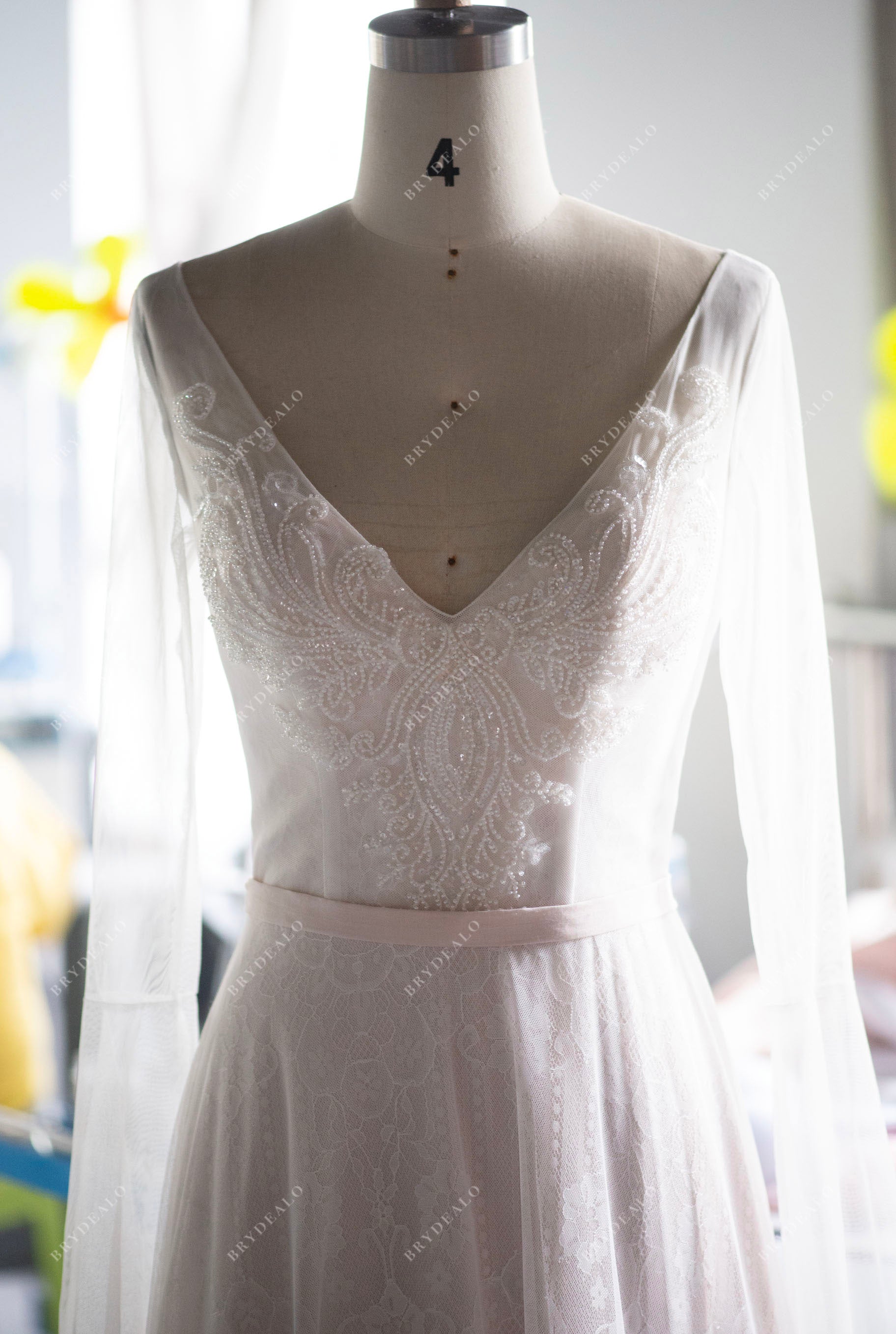 V-Neck Illusion Sleeved Lace Tulle Boho Wedding Dress