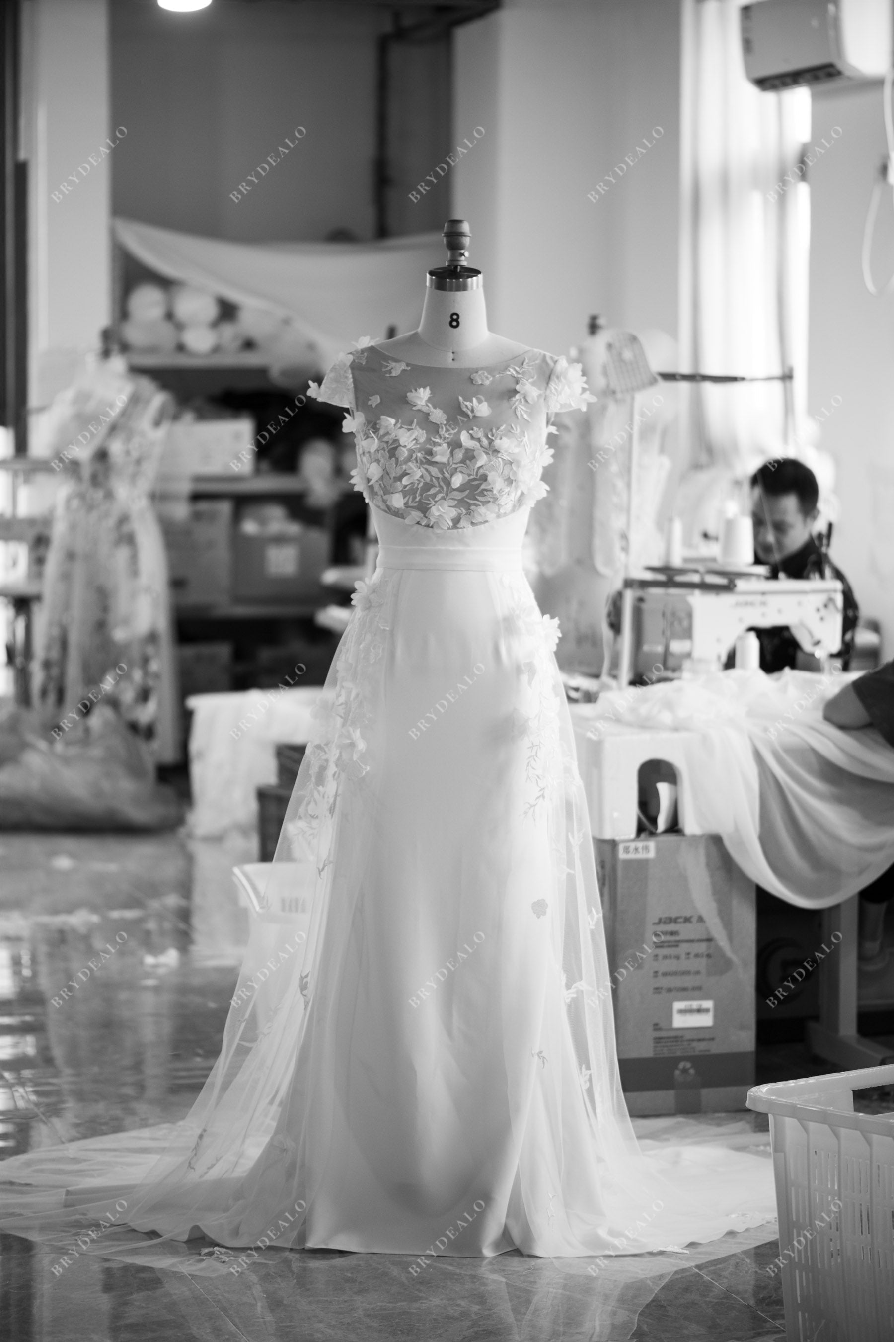Hand-made lace crepe open back wedding gown
