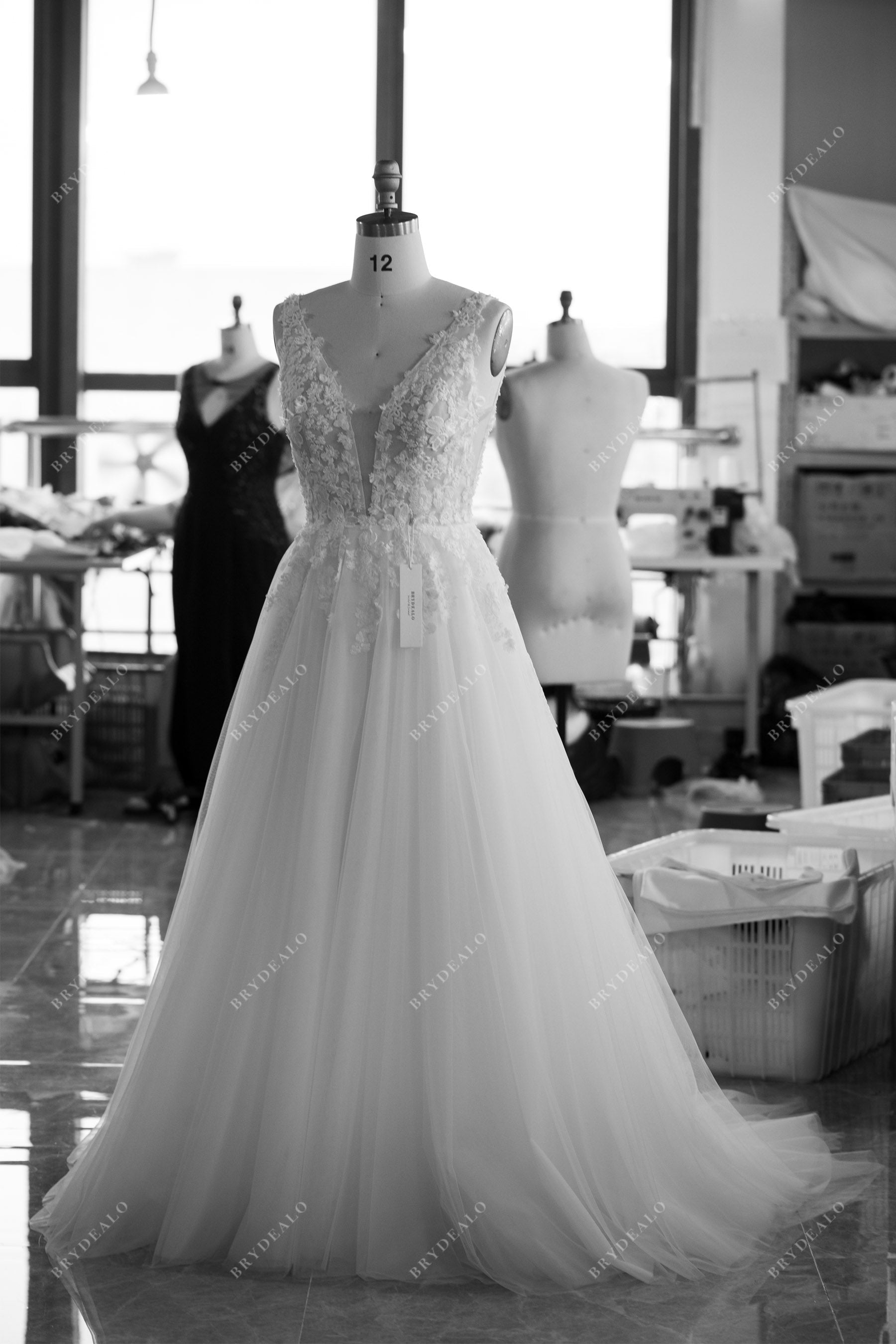 sleeveless plunging neck lace tulle A-line wedding dress