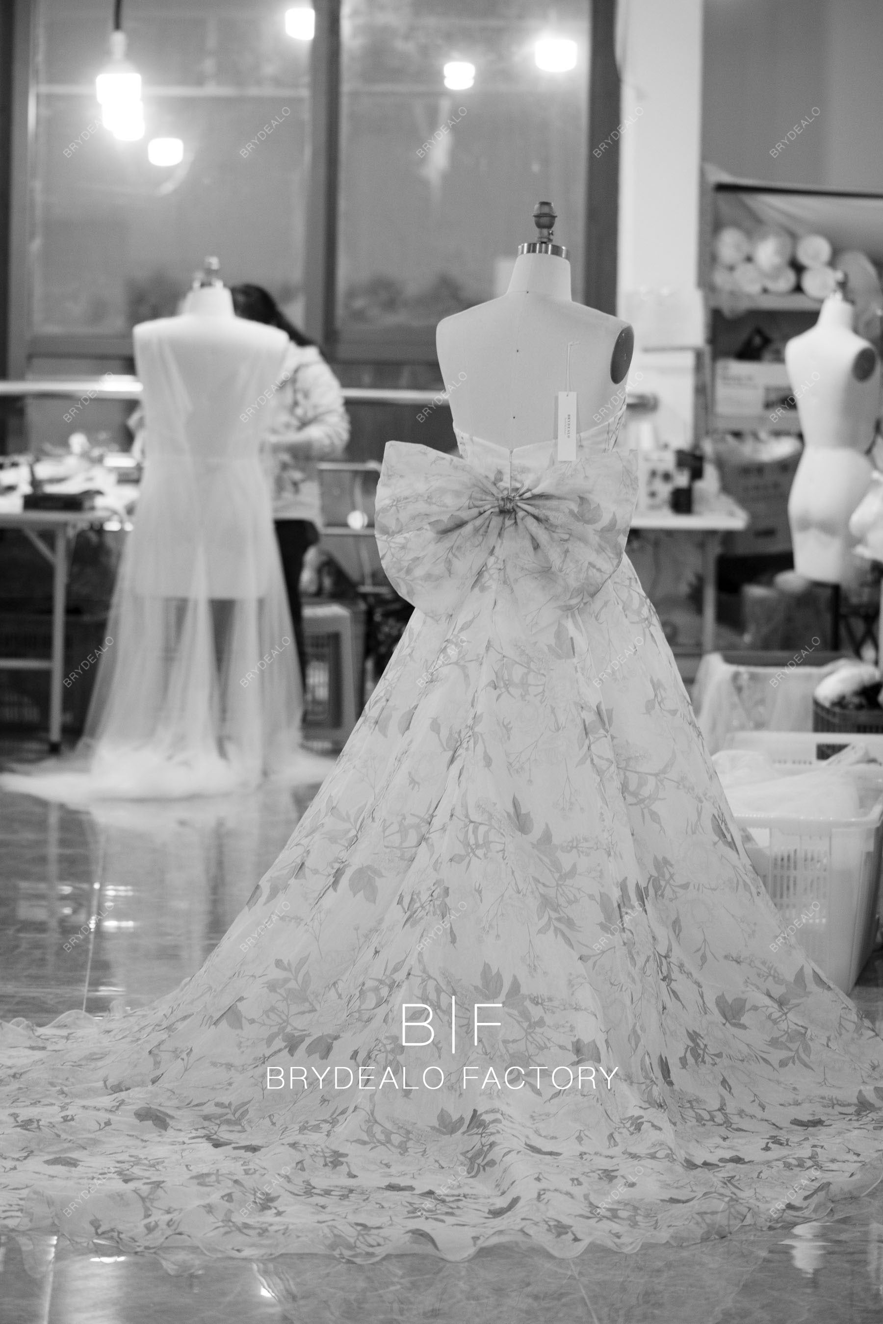 custom floral organza chapel train wedding dress