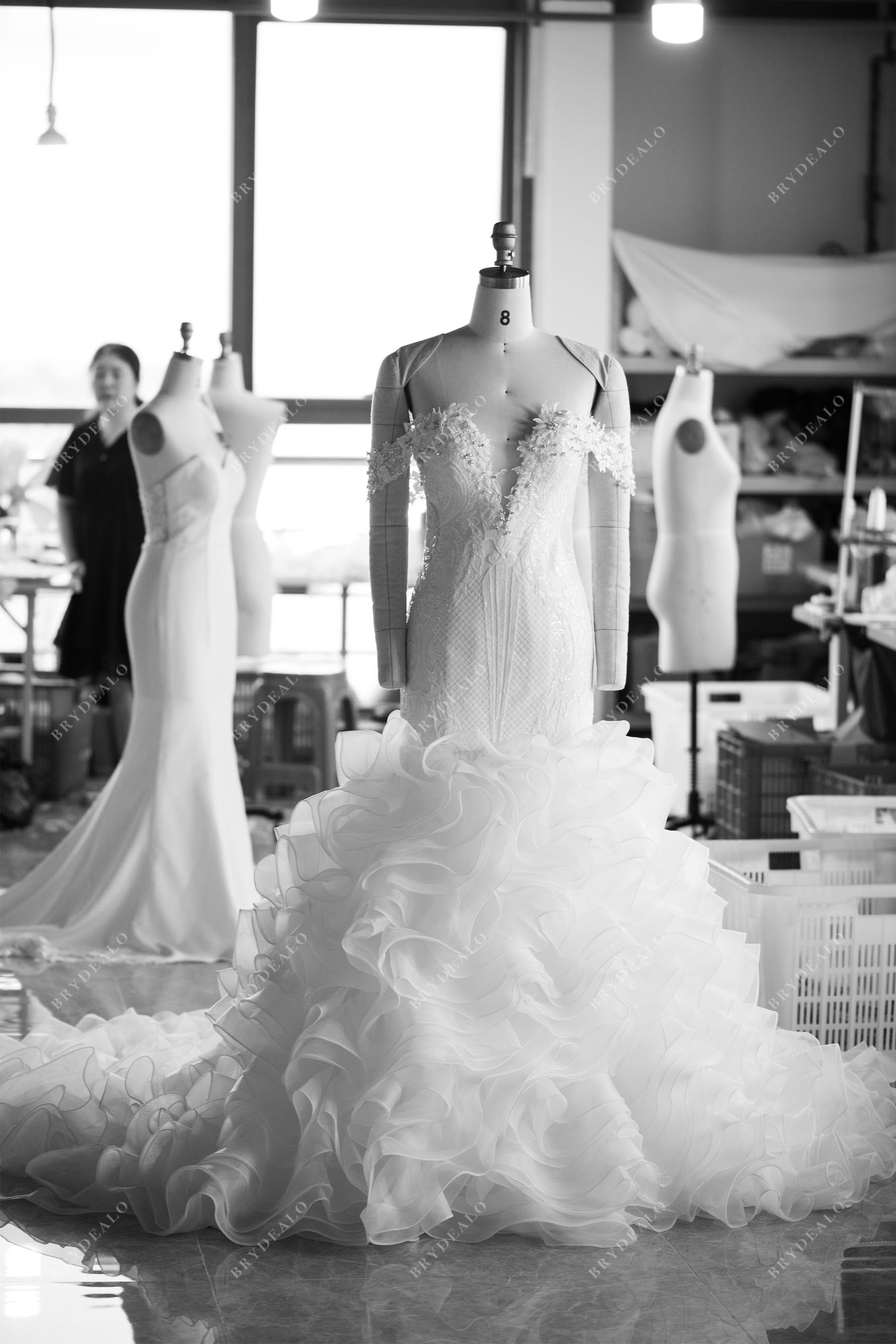 custom sequin lace luxury ruffled mermaid prom bridal gown