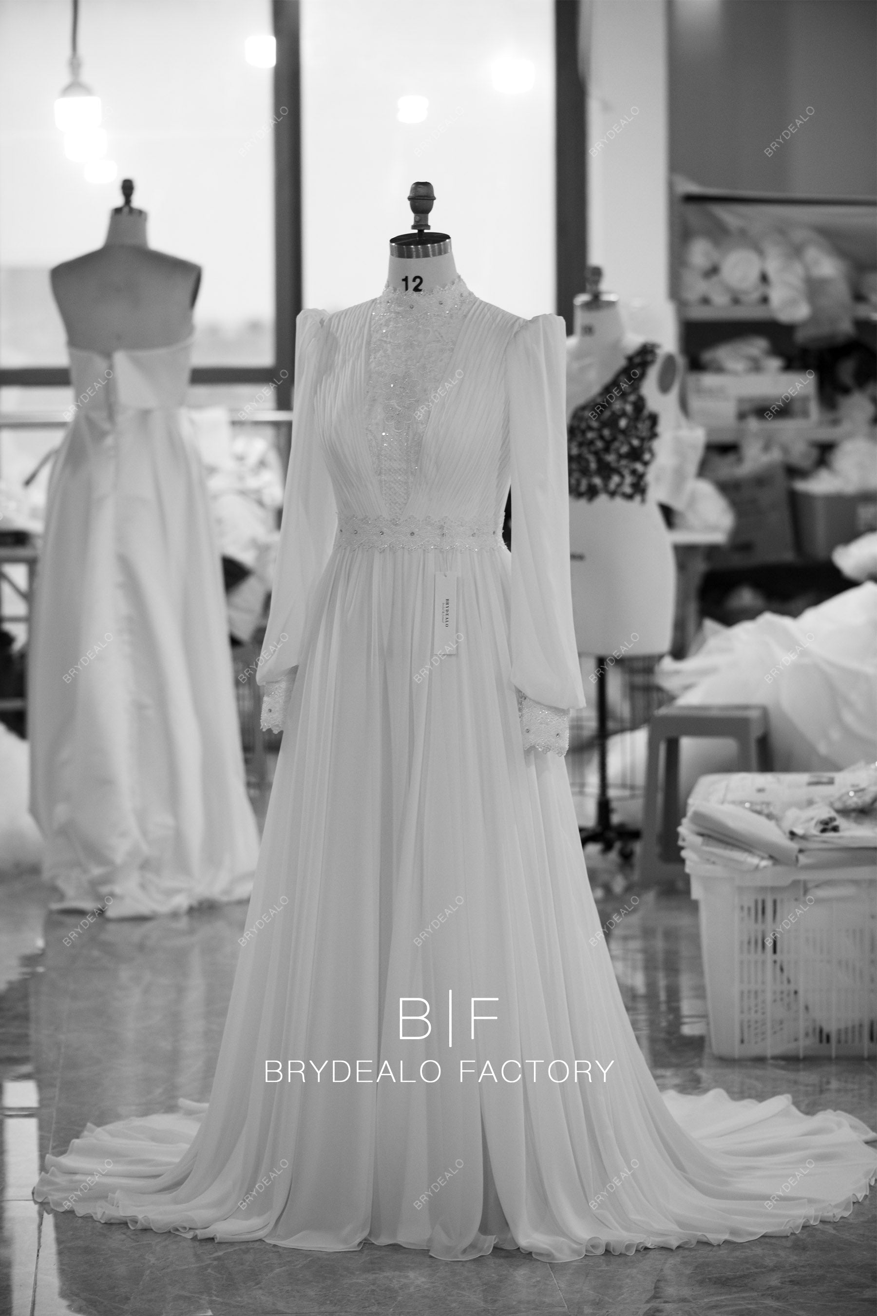 custom muslim beaded lace chiffon wedding dress