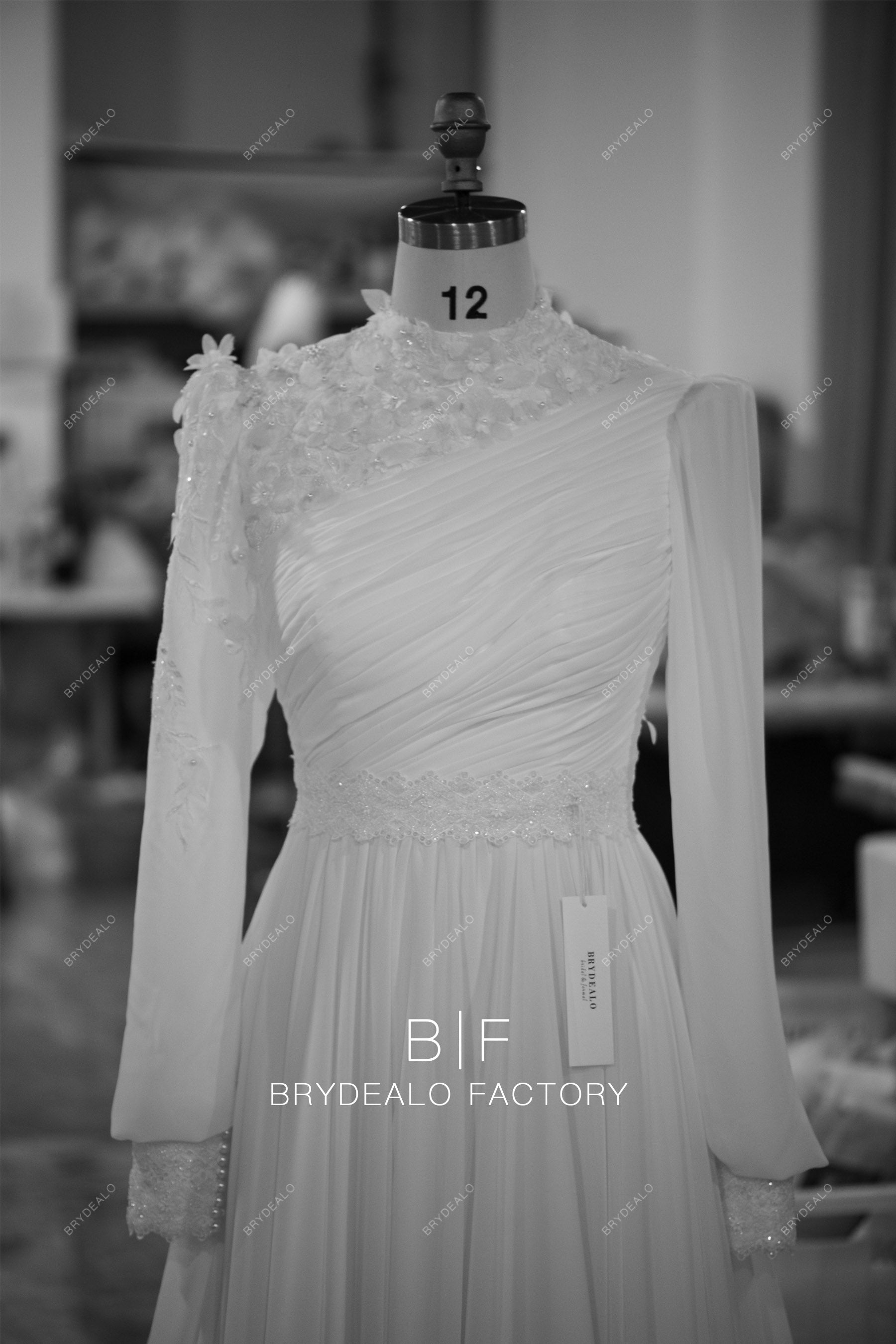 Muslim flower lace ruched chiffon bridal gown