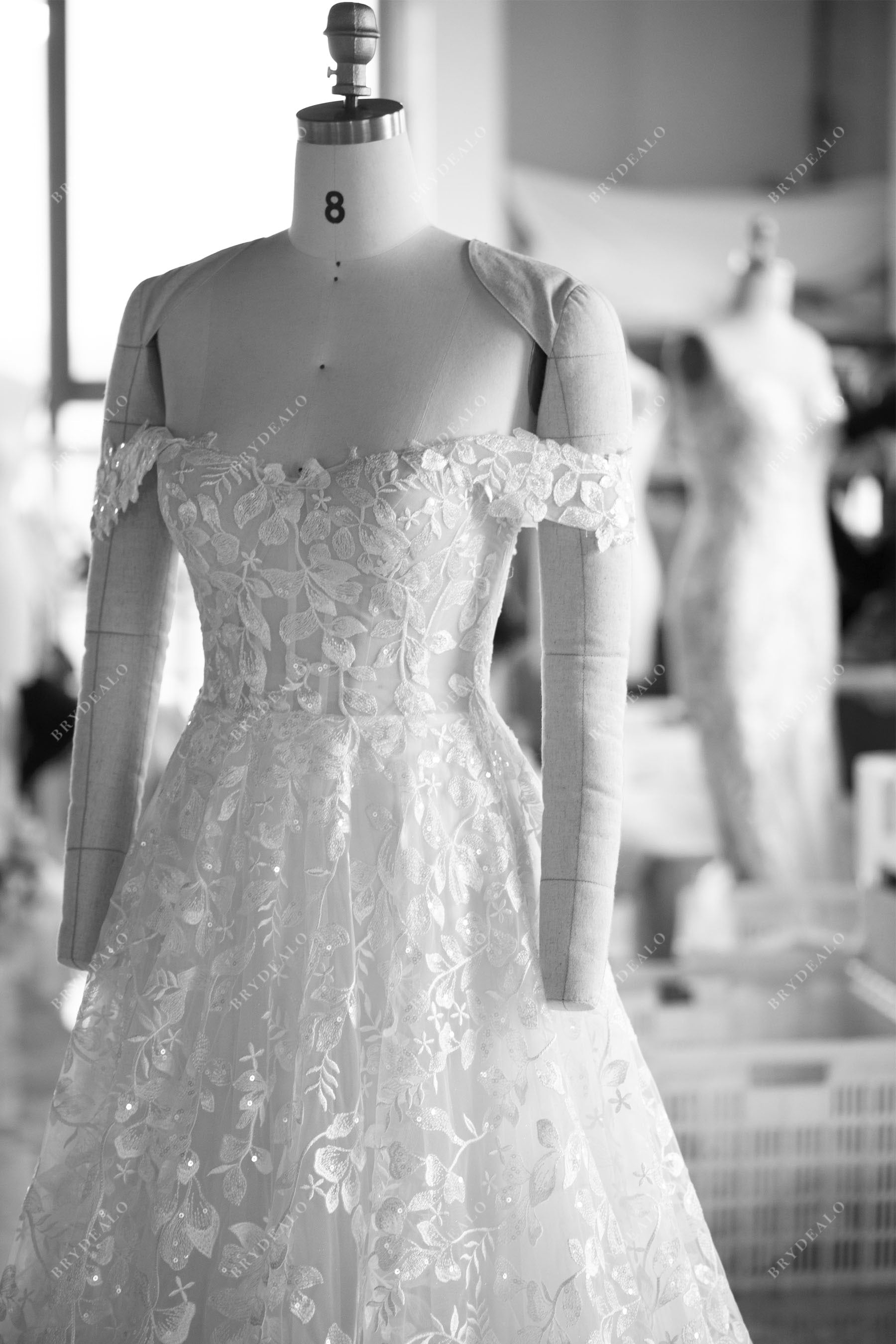 best custom off shoulder lace A-line wedding dress