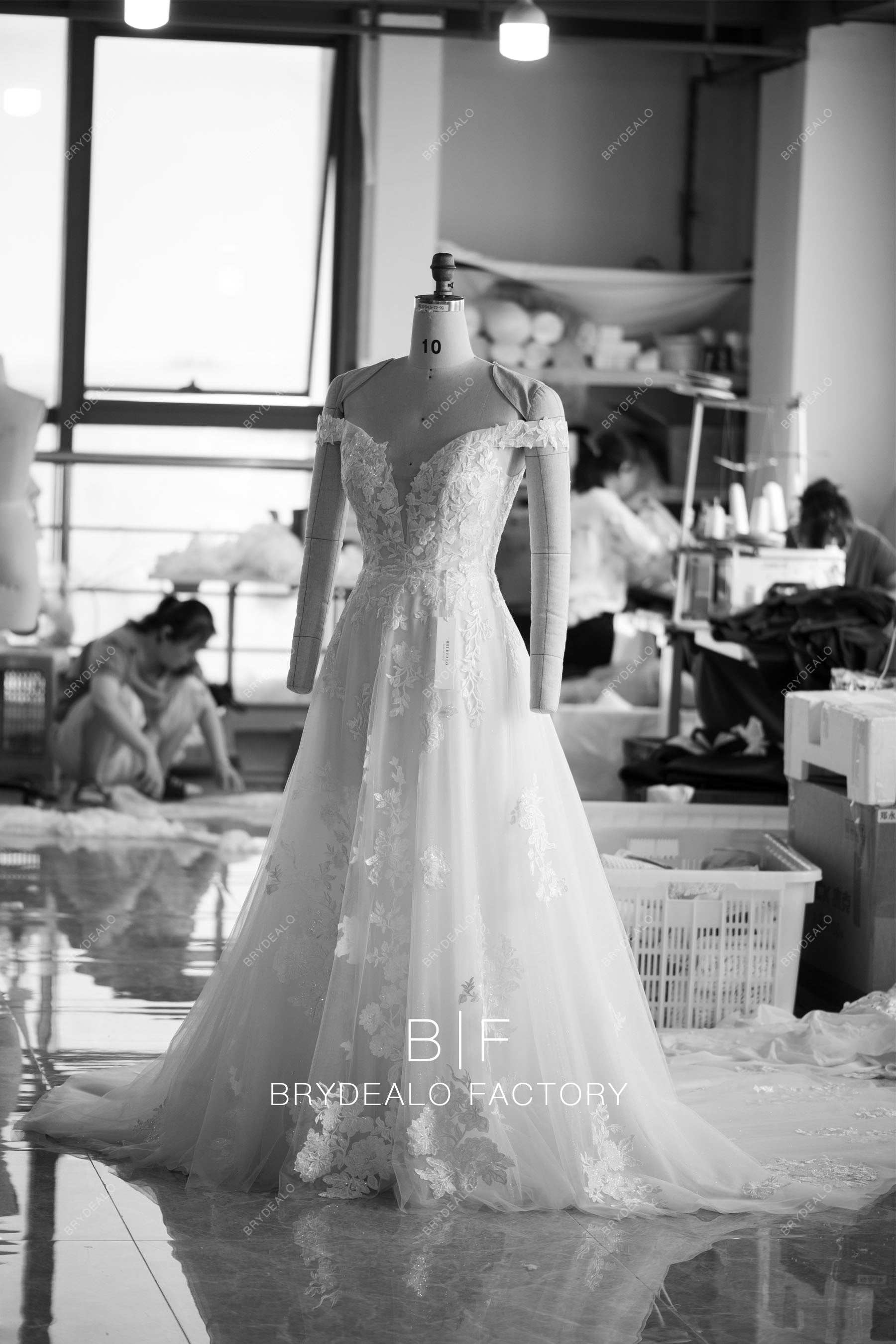 off shoulder plunging neck shimmery sweep train wedding dress