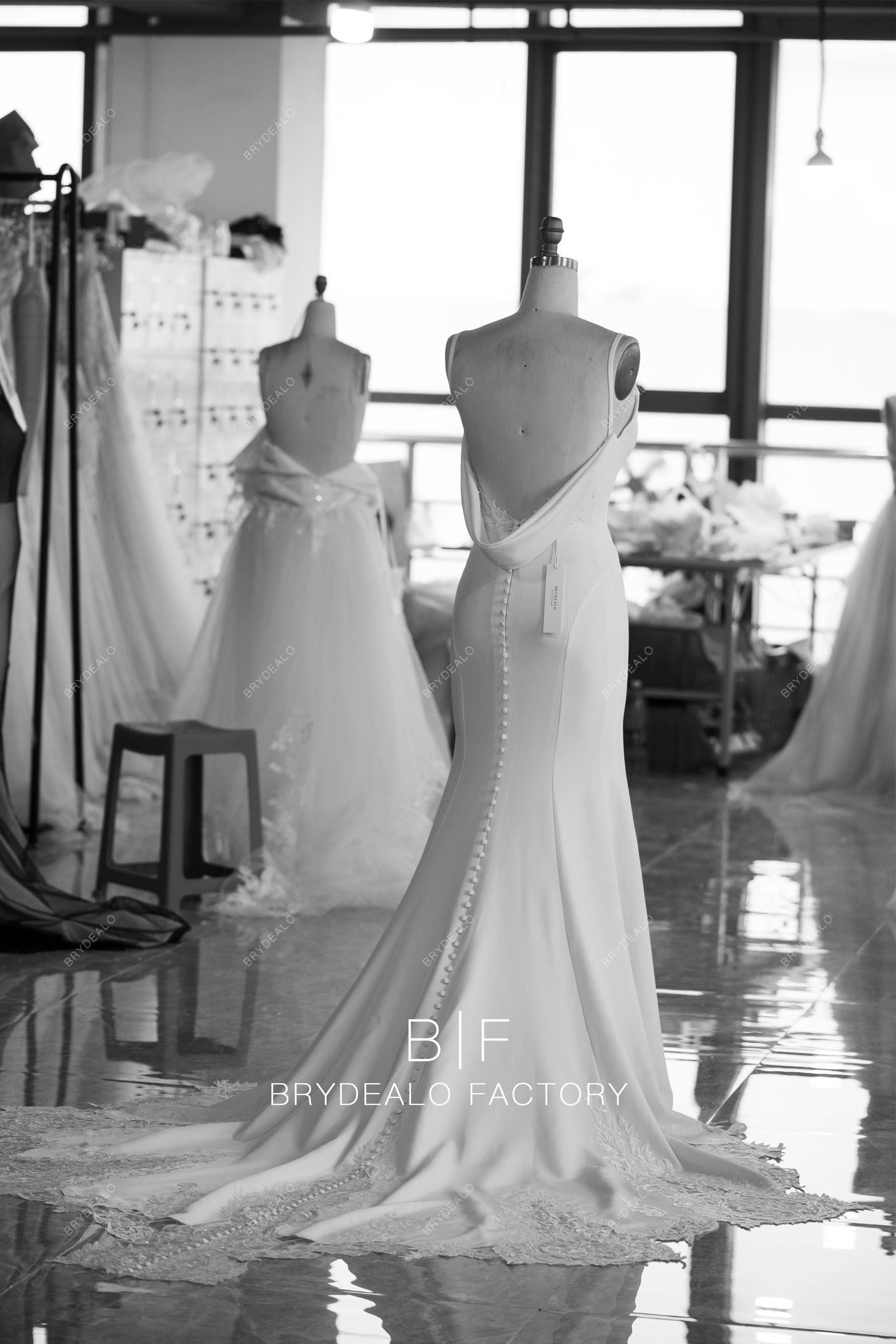 custom open cowl back cutout train wedding dress